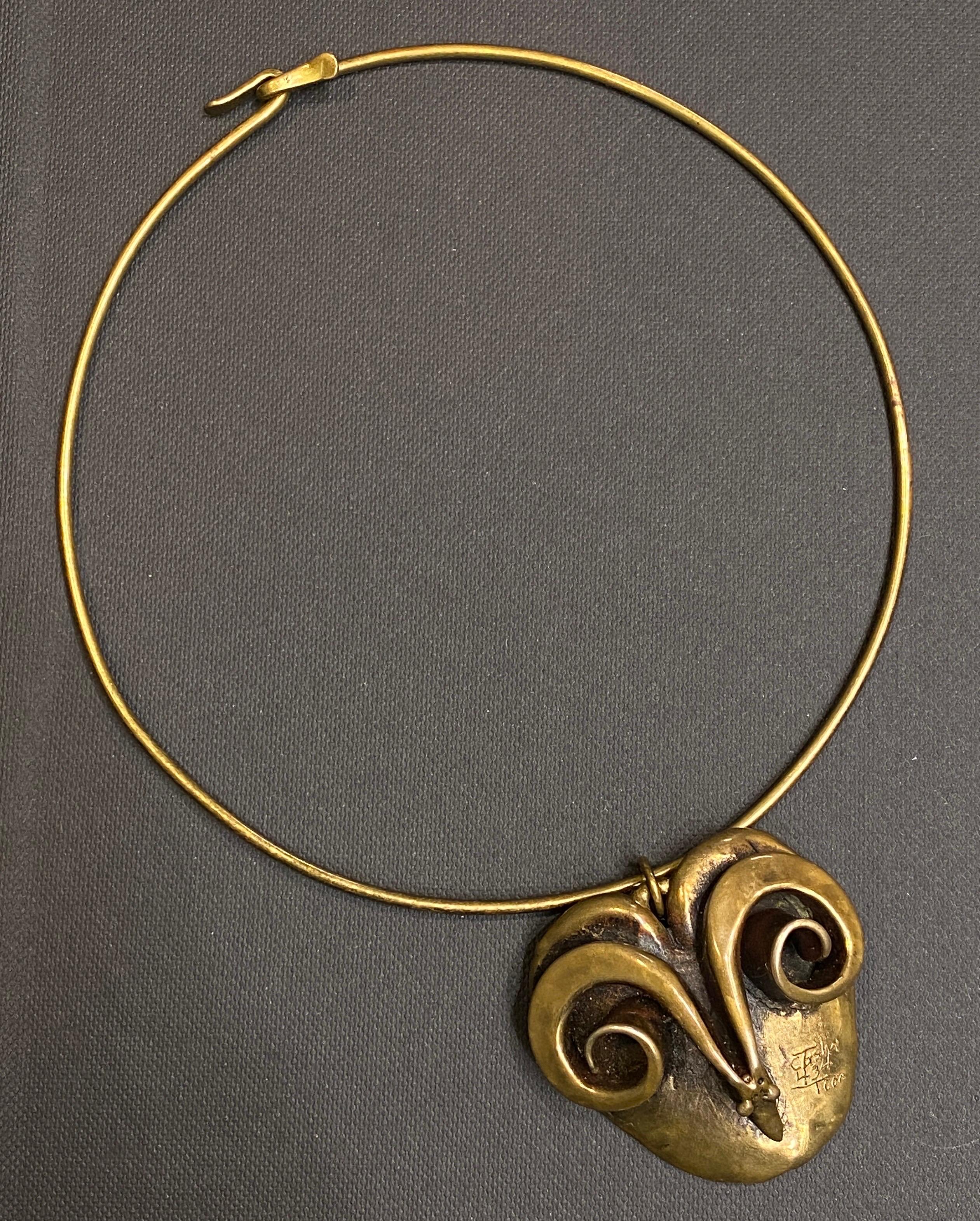Vintage 1970's Carl Tasha Modernist Brutalist Brass Ram Head Necklace Pendant For Sale 5