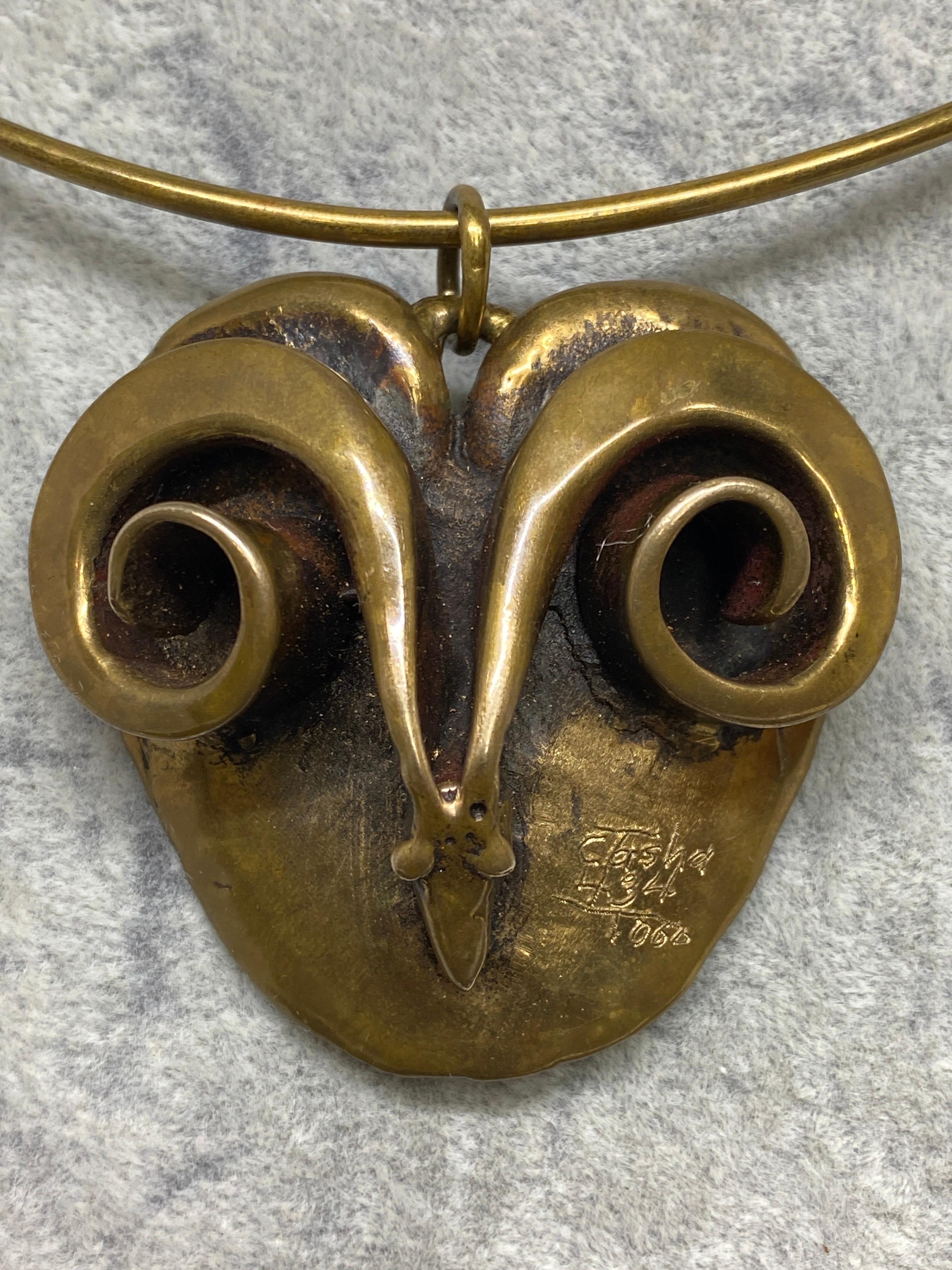 Vintage 1970's Carl Tasha Modernist Brutalist Brass Ram Head Necklace Pendant For Sale 1