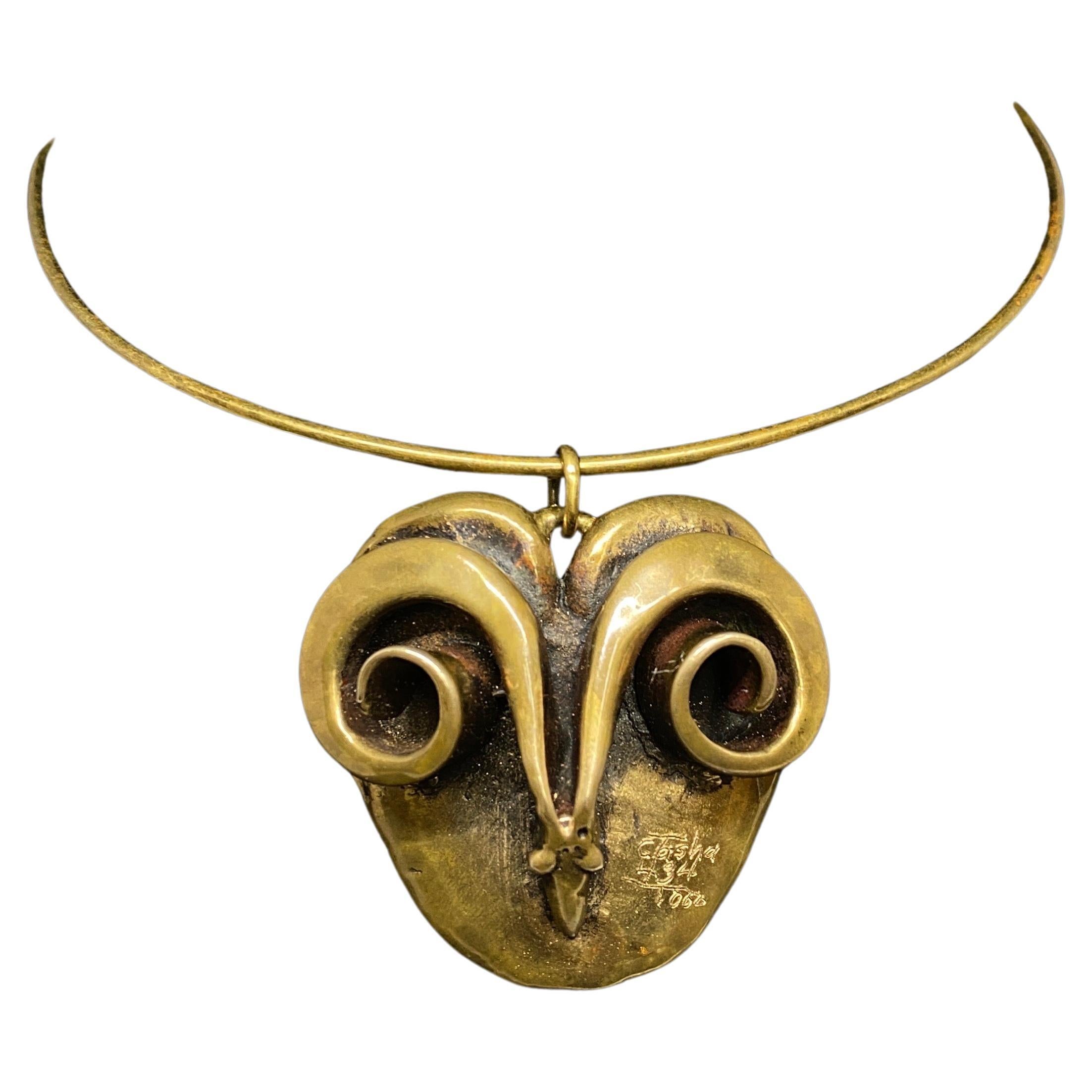 Vintage 1970's Carl Tasha Modernist Brutalist Brass Ram Head Necklace Pendant For Sale