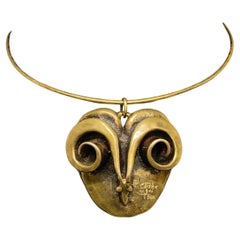 Vintage 1970's Carl Tasha Modernist Brutalist Brass Ram Head Necklace Pendant