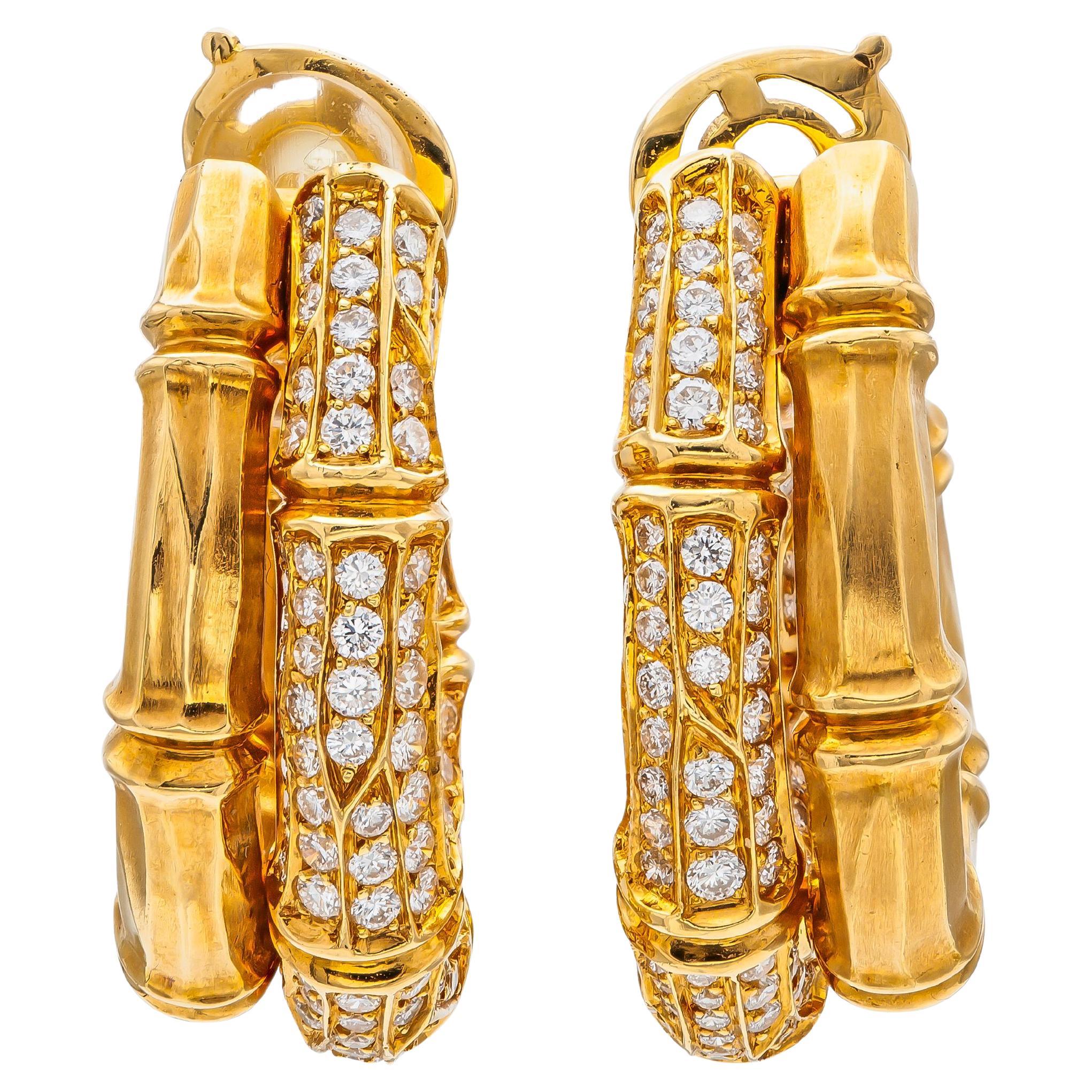 Vintage 1970s Cartier Bamboo Hoop Earrings with Diamonds