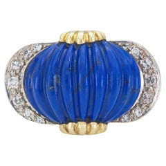 Vintage 1970s Carved Lapis Lazuli Ring with Diamonds