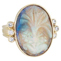 Vintage 1970s Carved Opal Ring Palm Tree Diamond 14 Karat Gold Cocktail Jewelry