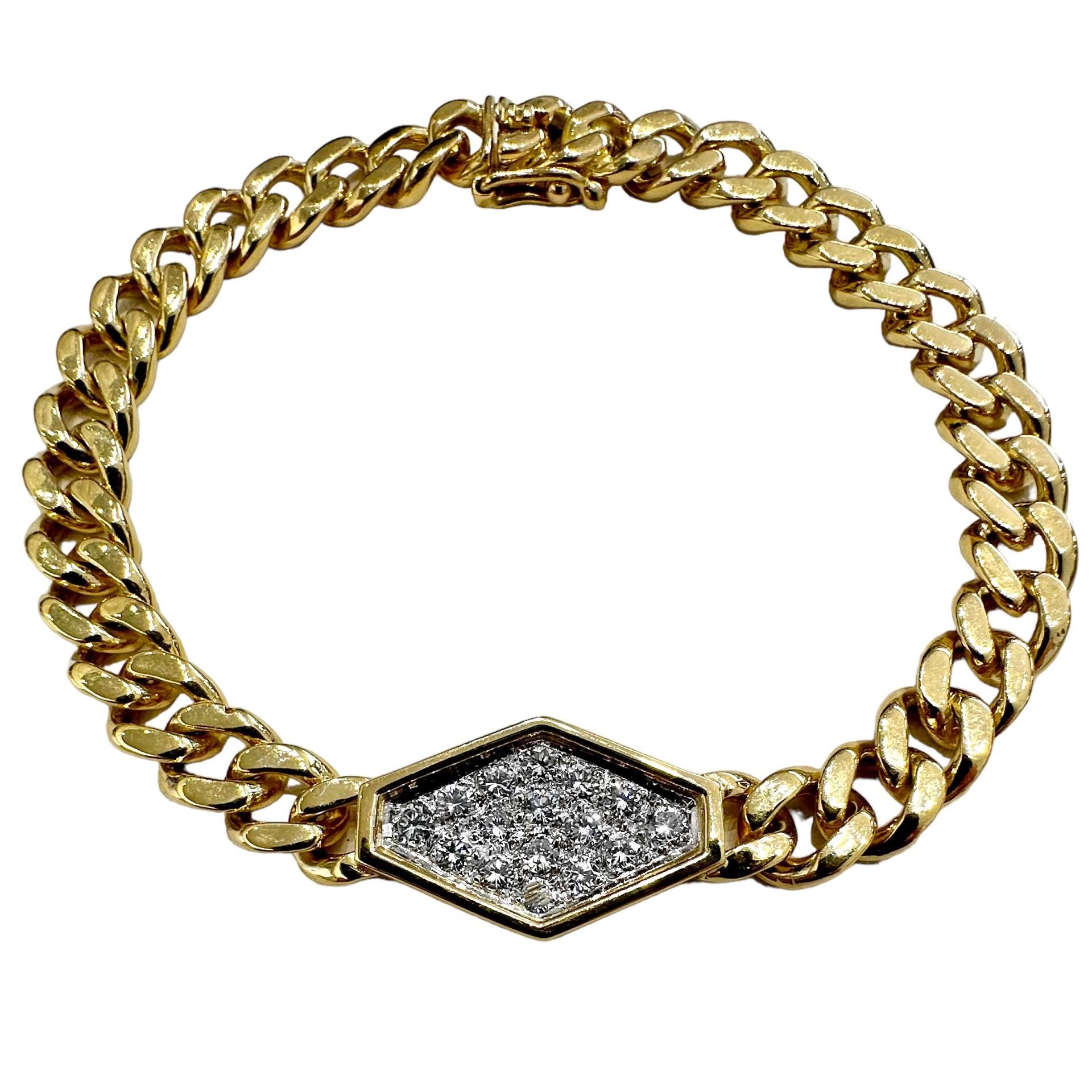 This lovely and casual 18k yellow gold bracelet, with it's origin in the late 20th century, is ideal for daytime or evening wear. It is comprised of a traditional Cuban link single strand with a pave set trapezoidal platinum plate at the center.