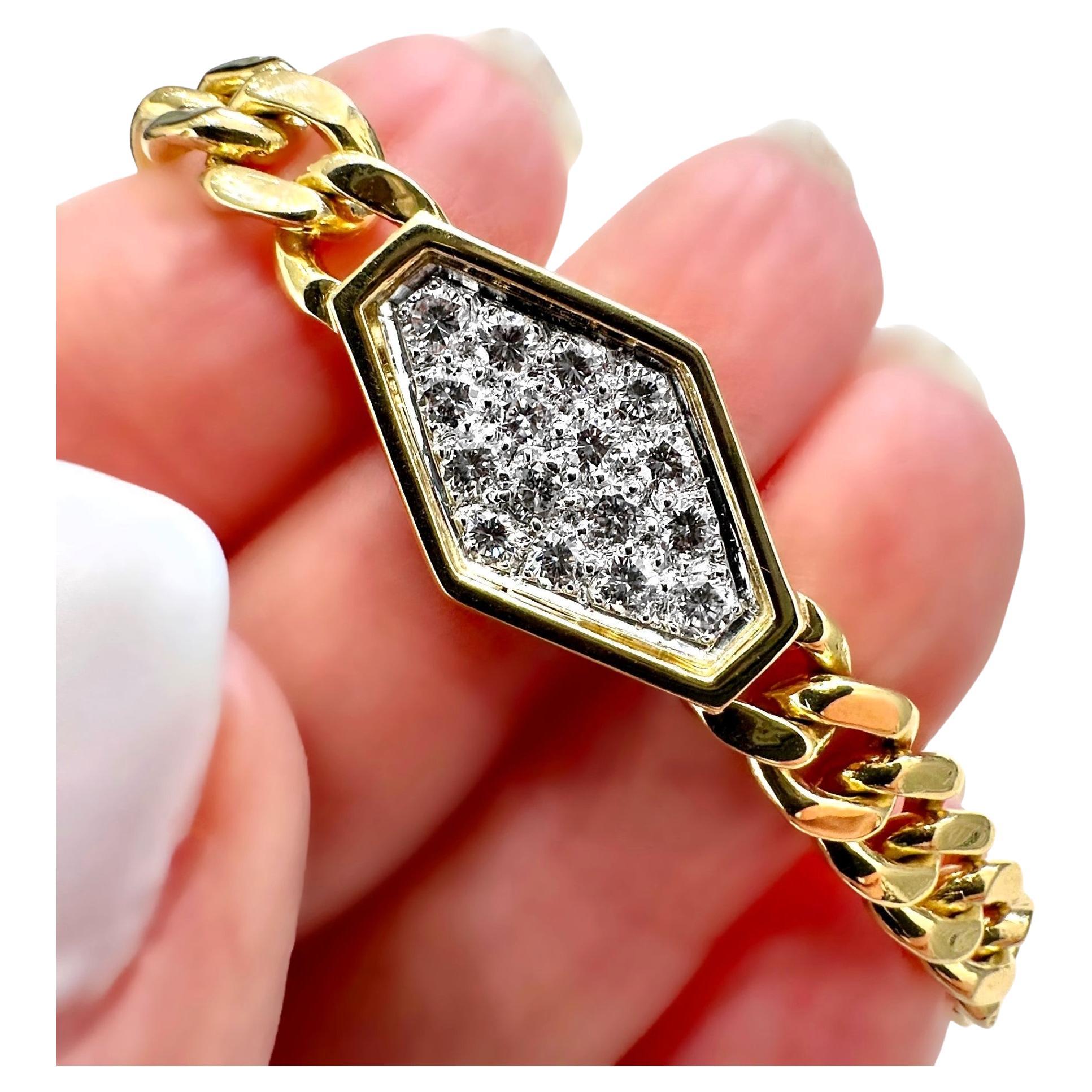 Vintage 1970's Casual Wearing 18k Yellow Gold Bracelet with Pave Diamond Center For Sale