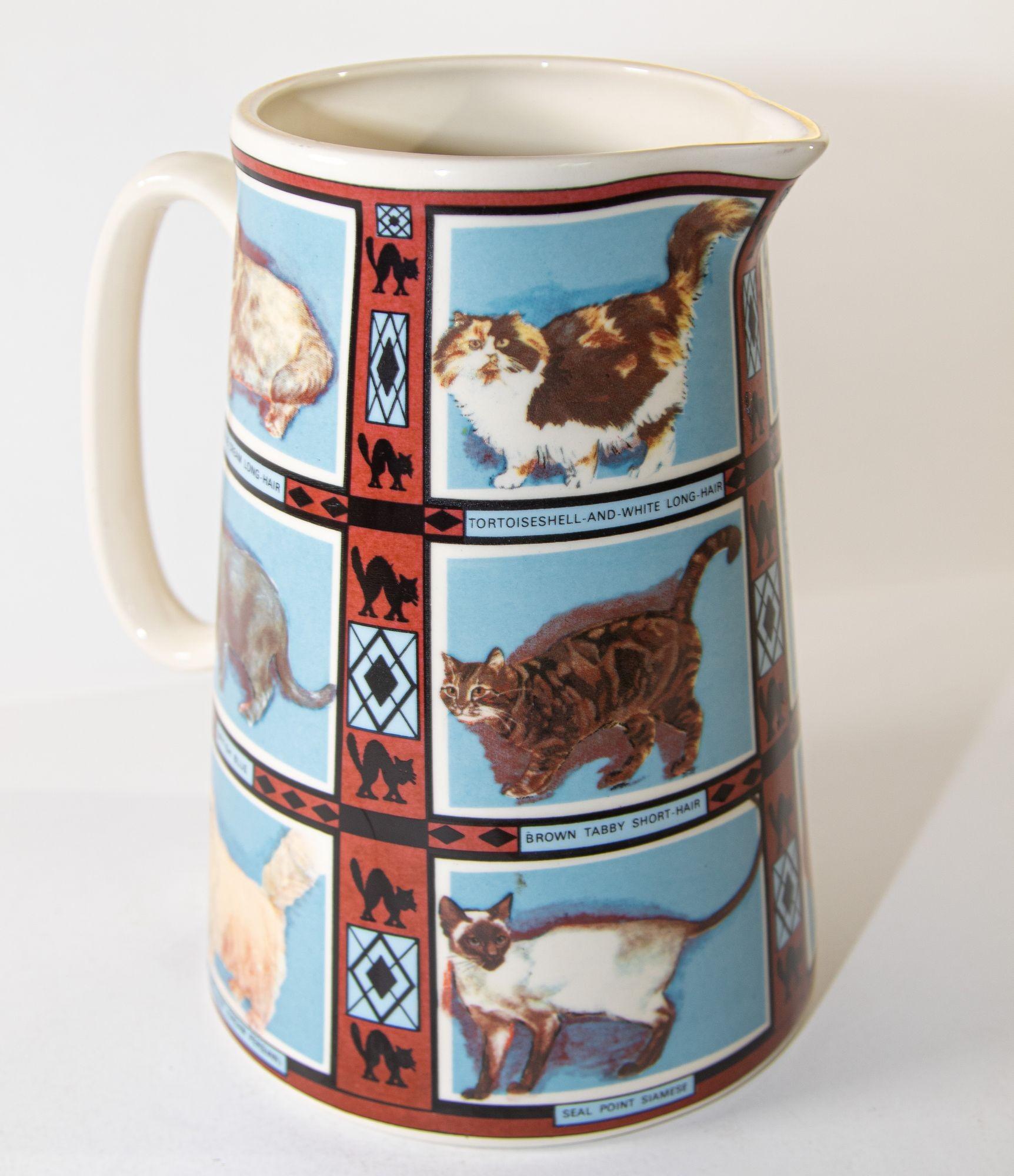 Vintage 1970s Ceramic Pitcher, Derbyshire England with Cat Breeds Pictures 4