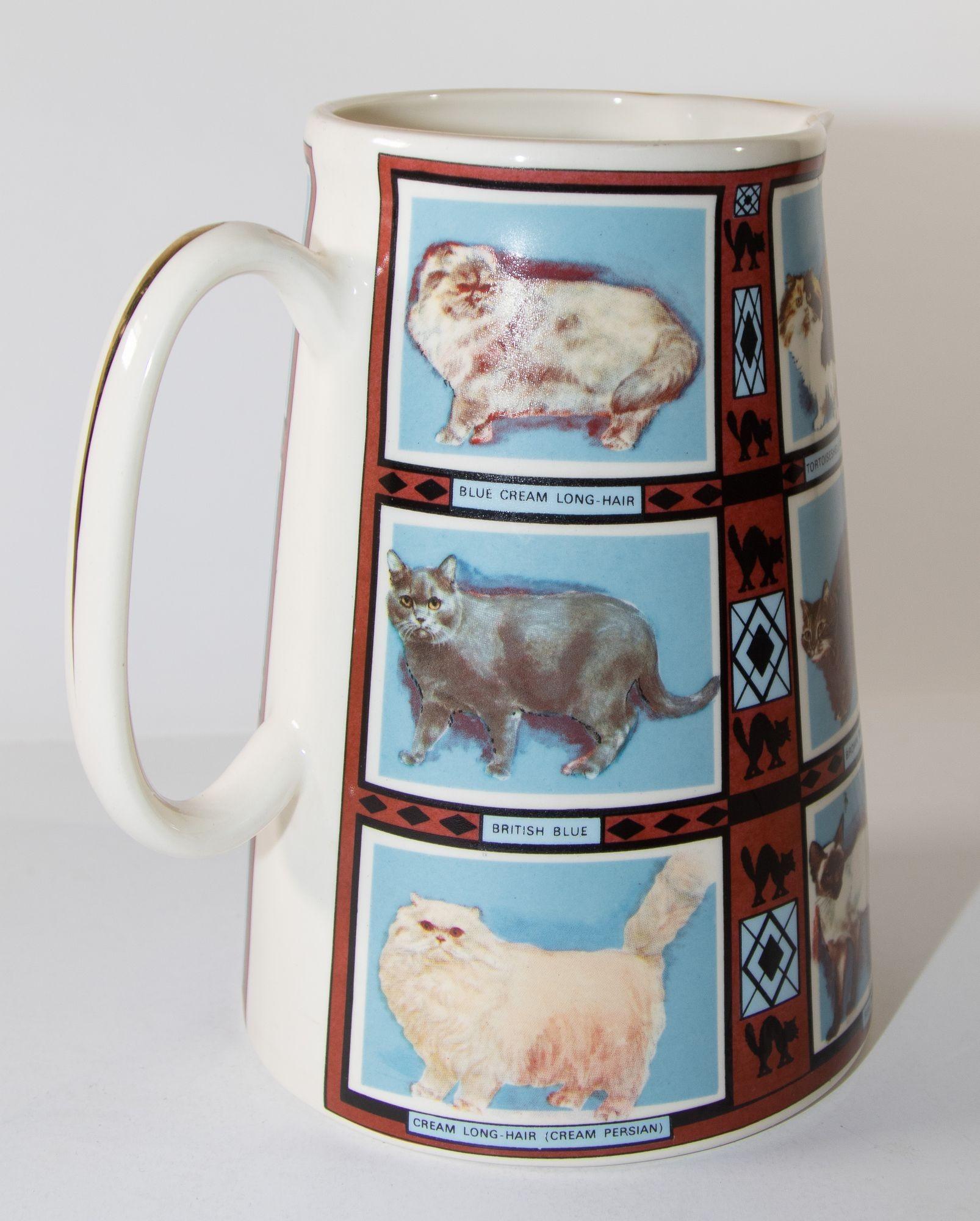 Victorian Vintage 1970s Ceramic Pitcher, Derbyshire England with Cat Breeds Pictures