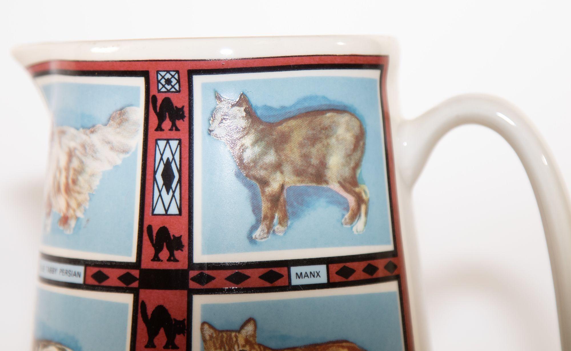English Vintage 1970s Ceramic Pitcher, Derbyshire England with Cat Breeds Pictures