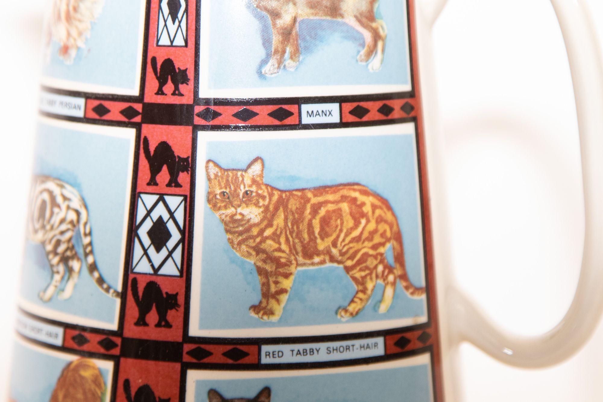 Vintage 1970s Ceramic Pitcher, Derbyshire England with Cat Breeds Pictures In Good Condition In North Hollywood, CA