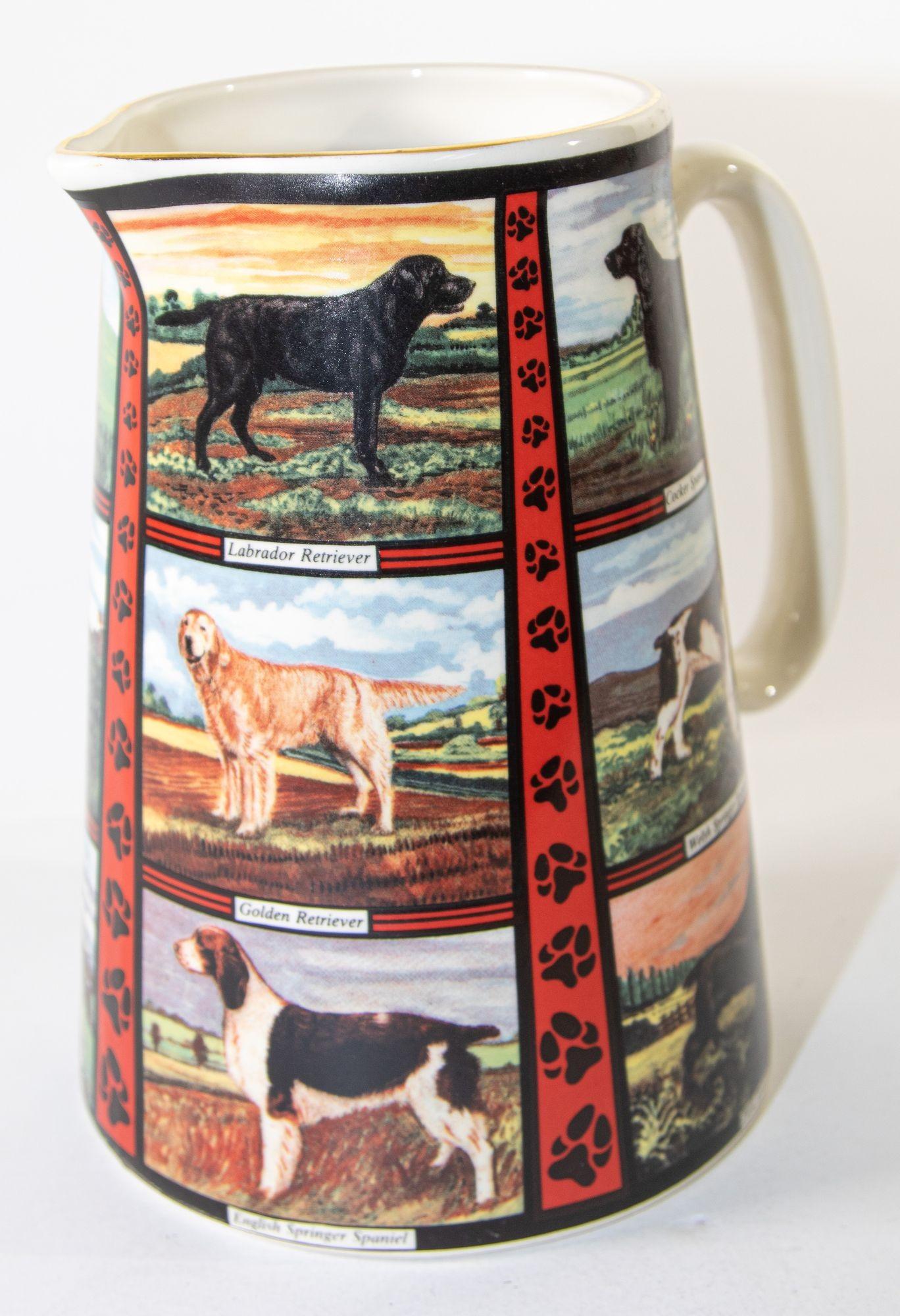Vintage 1970s Ceramic Pitcher, Derbyshire England with Dog Breeds Design.
Large English ironstone transfer printed large decorative pitcher
Whimsical bright and beautiful 1970's Derbyshire vintage pottery Jug.
Printed with colorful images of