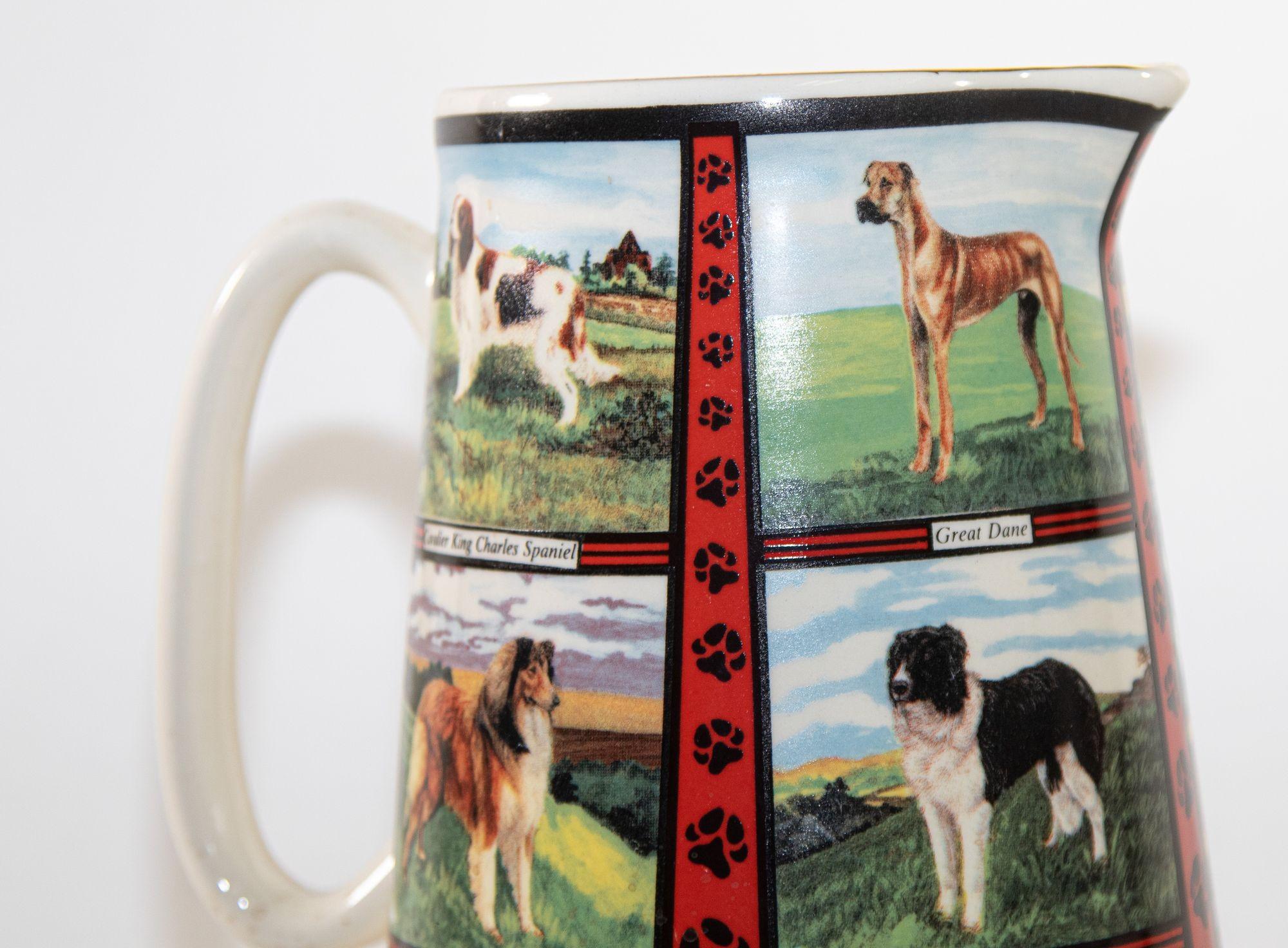 Vintage 1970s Ceramic Pitcher, Derbyshire England with Dog Breeds Pictures In Good Condition For Sale In North Hollywood, CA