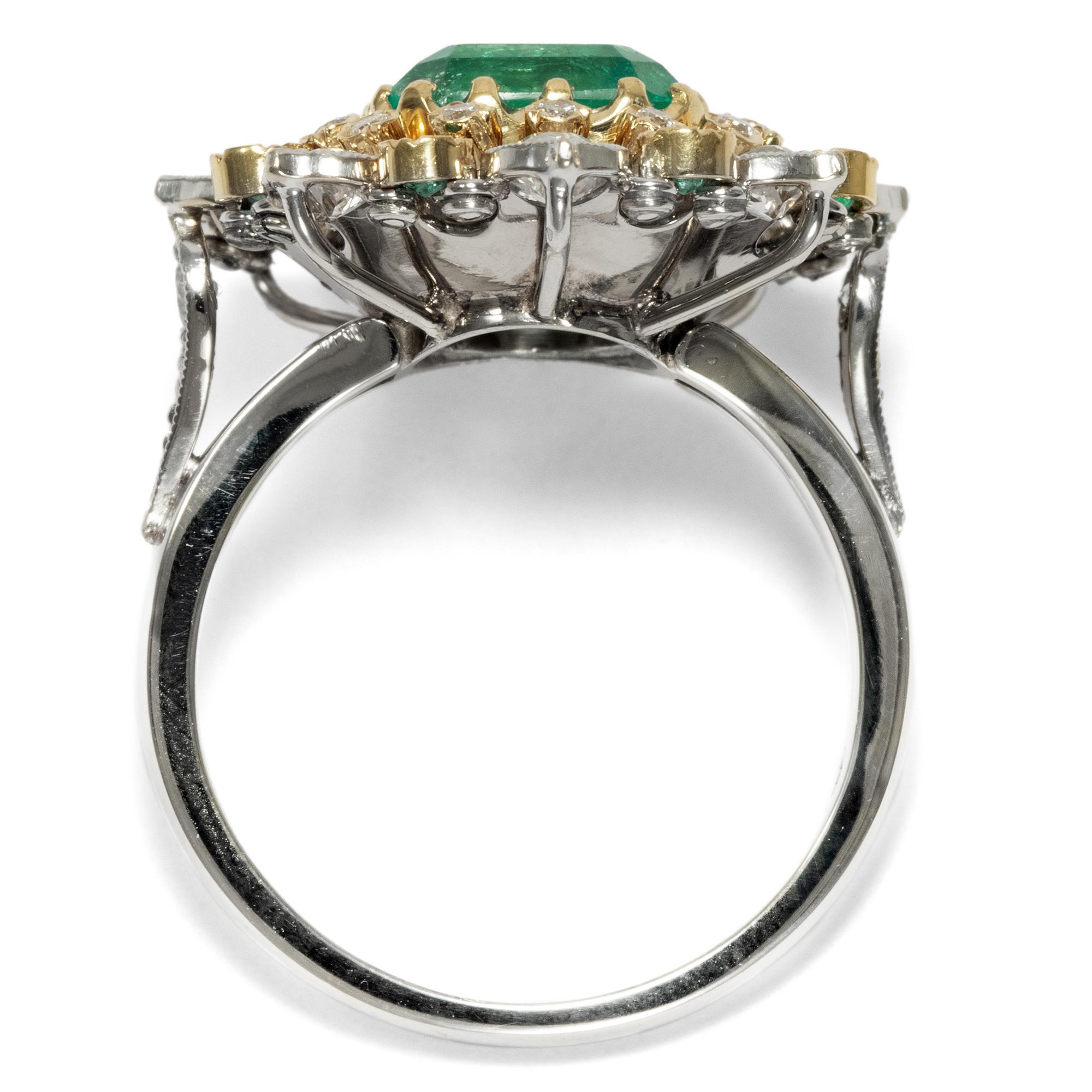 Emerald Cut Vintage 1970s Certified 3.9 Carat Emerald Diamond Gold Cluster Cocktail Ring