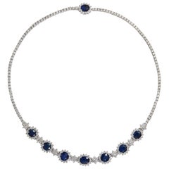 Vintage 1970s Certified No Heat 13.70 Carat Blue Sapphire and Diamond Necklace