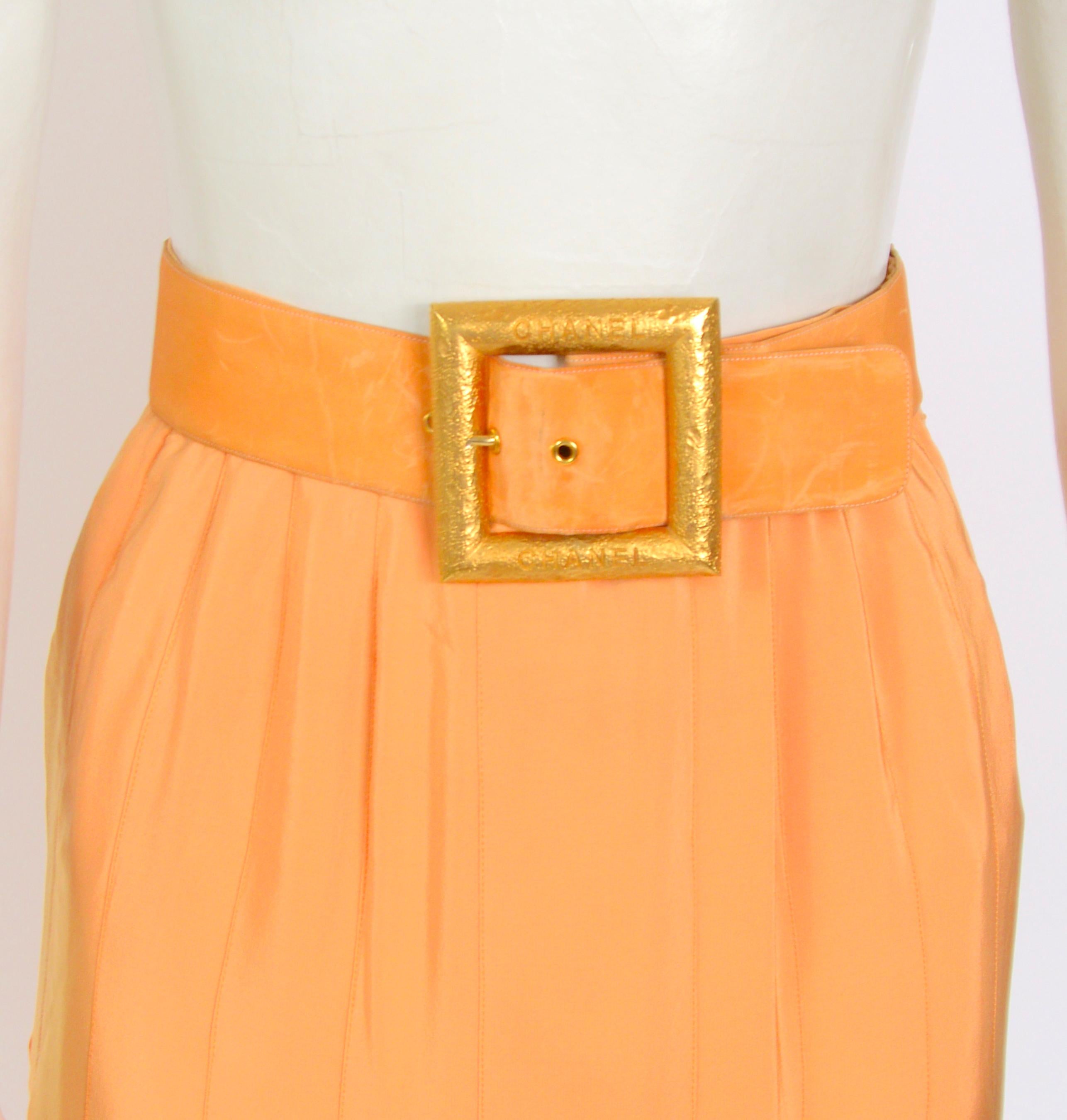 Orange Vintage 1970's Chanel peach silk pleated skirt with matching signed buckle belt