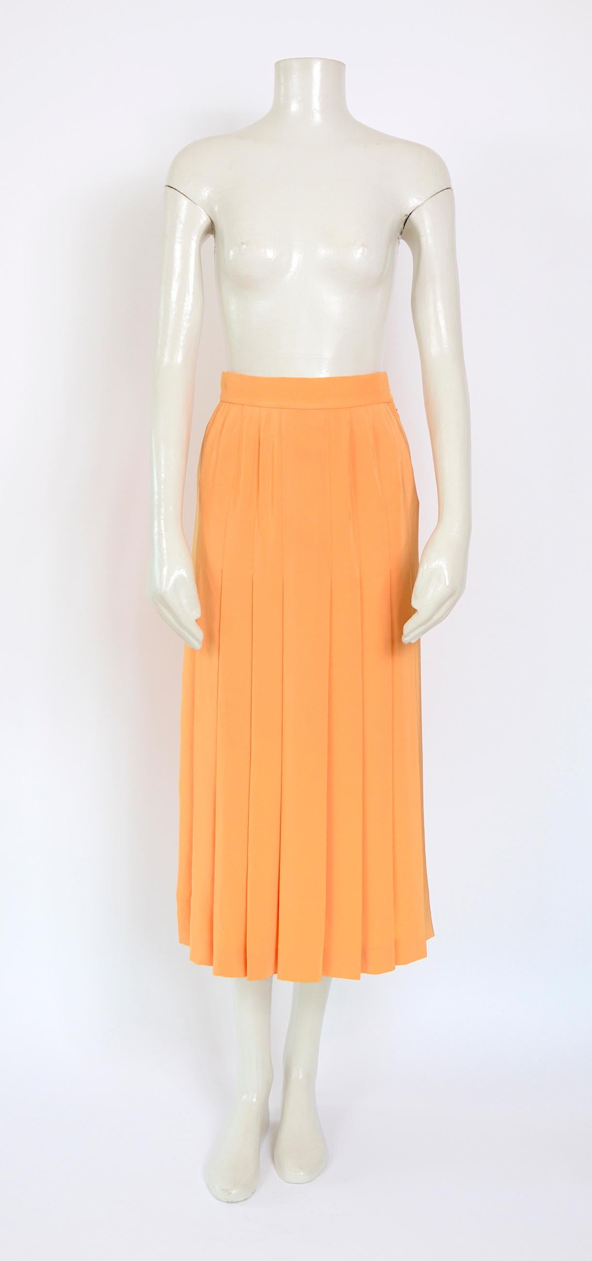 Women's Vintage 1970's Chanel peach silk pleated skirt with matching signed buckle belt