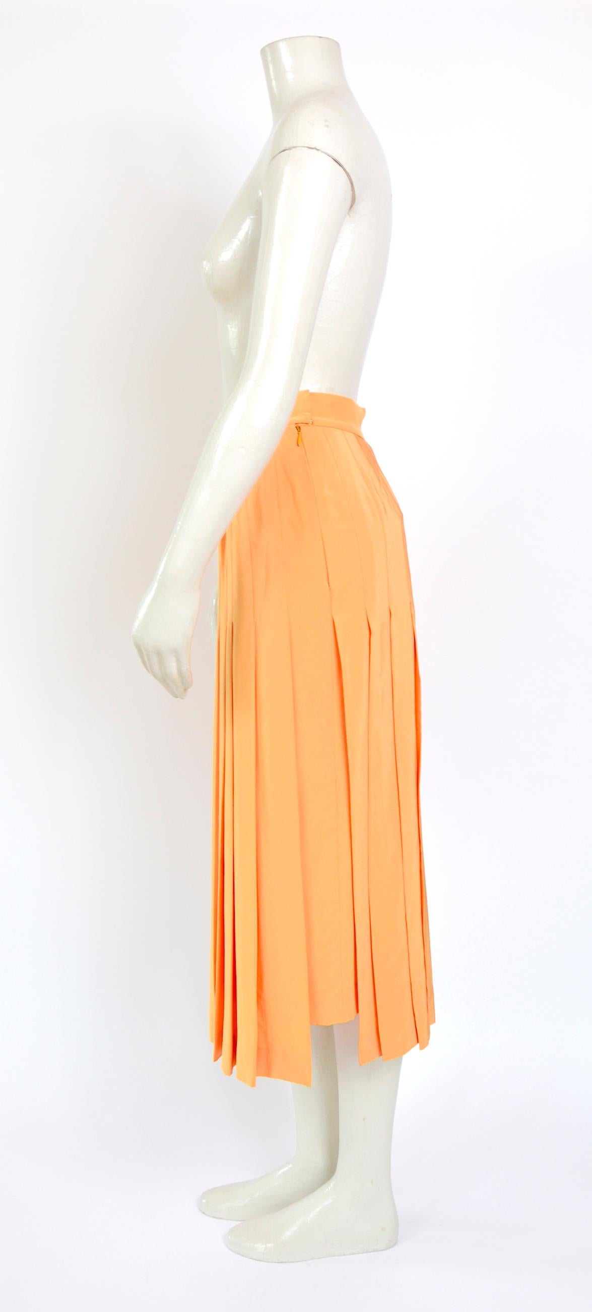 Vintage 1970's Chanel peach silk pleated skirt with matching signed buckle belt 1