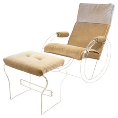 Vintage 1970s Charles Hollis Jones Velvet Lucite Rocking Chair and Ottoman