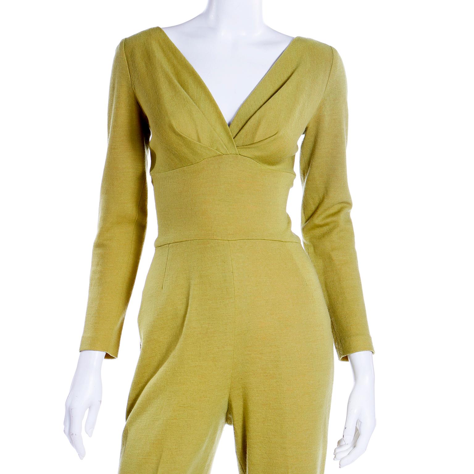 Women's Vintage 1970s Chartreuse Green V Neck Wool Jumpsuit  For Sale