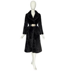 Vintage 1970s Chocolate Brown Belted Coat with Leather & Mesh Buckle Detail