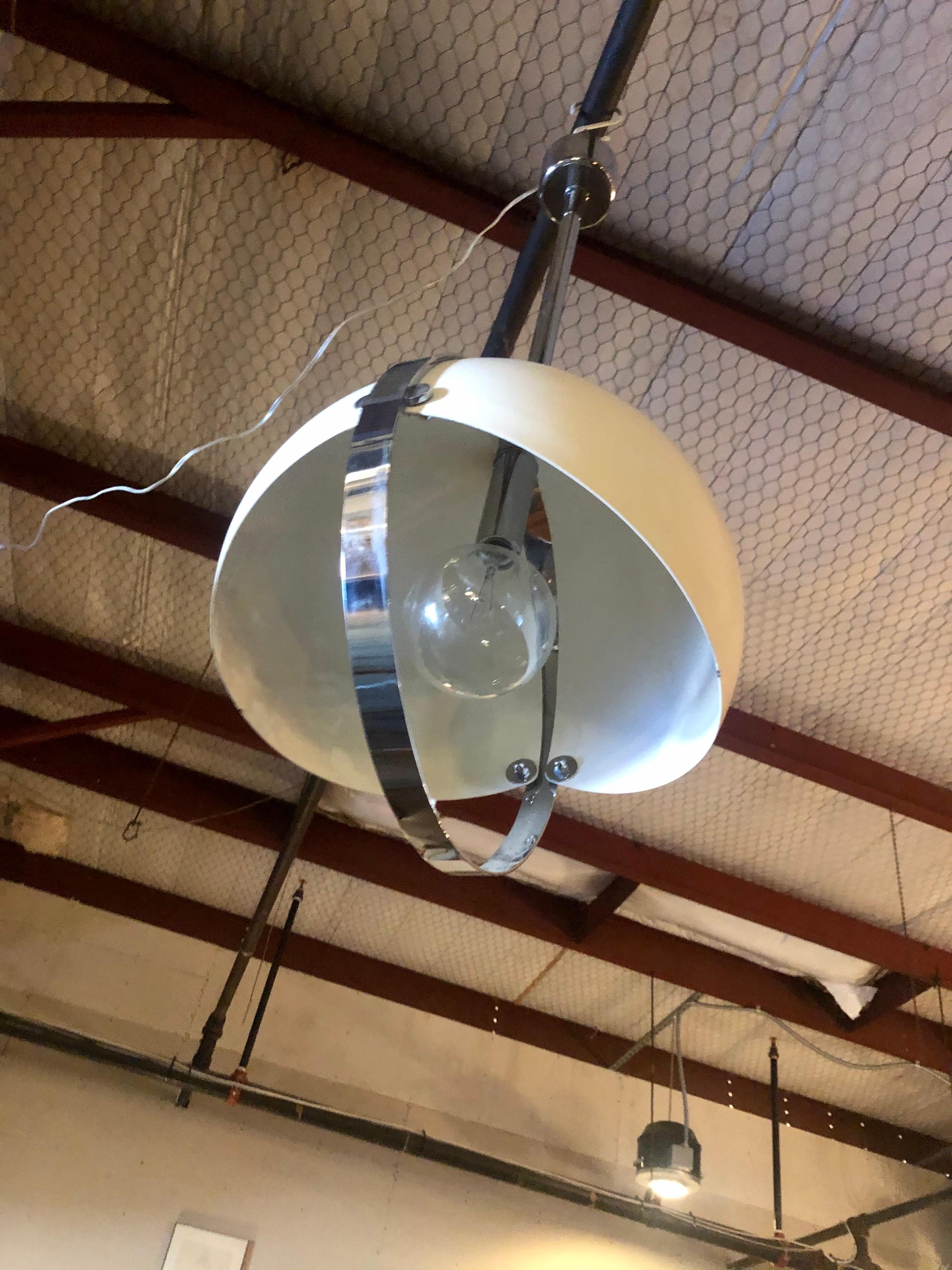 Painted Vintage 1970s Chrome and White Metal Orb Pendant Lamp with Adjustable Shade For Sale