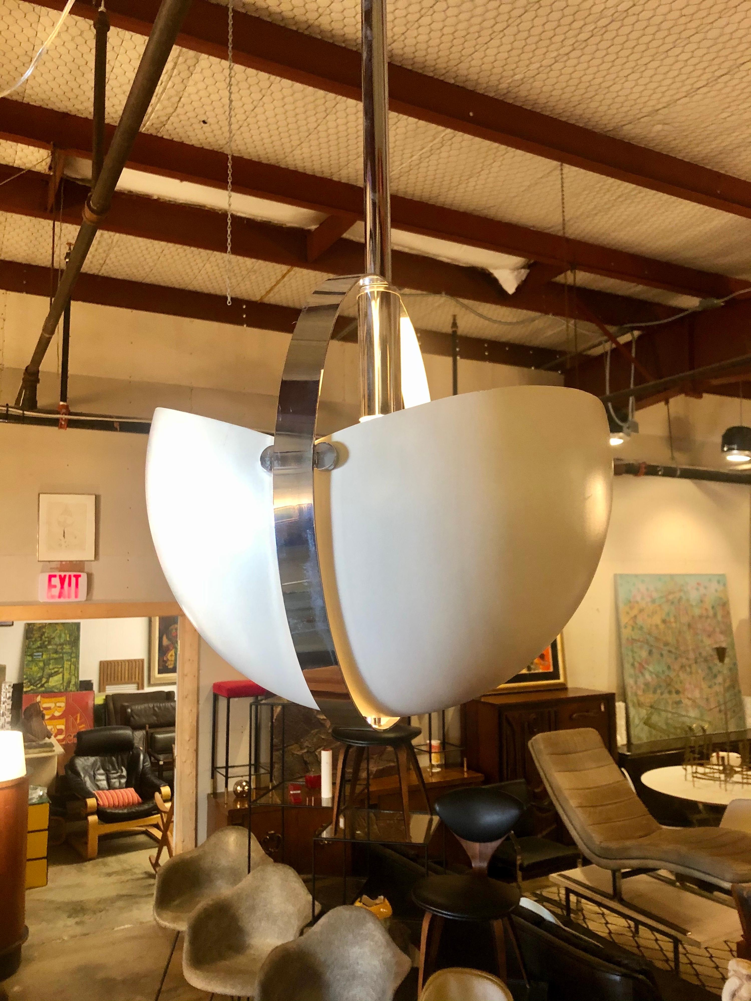 Vintage 1970s Chrome and White Metal Orb Pendant Lamp with Adjustable Shade In Good Condition For Sale In San Antonio, TX