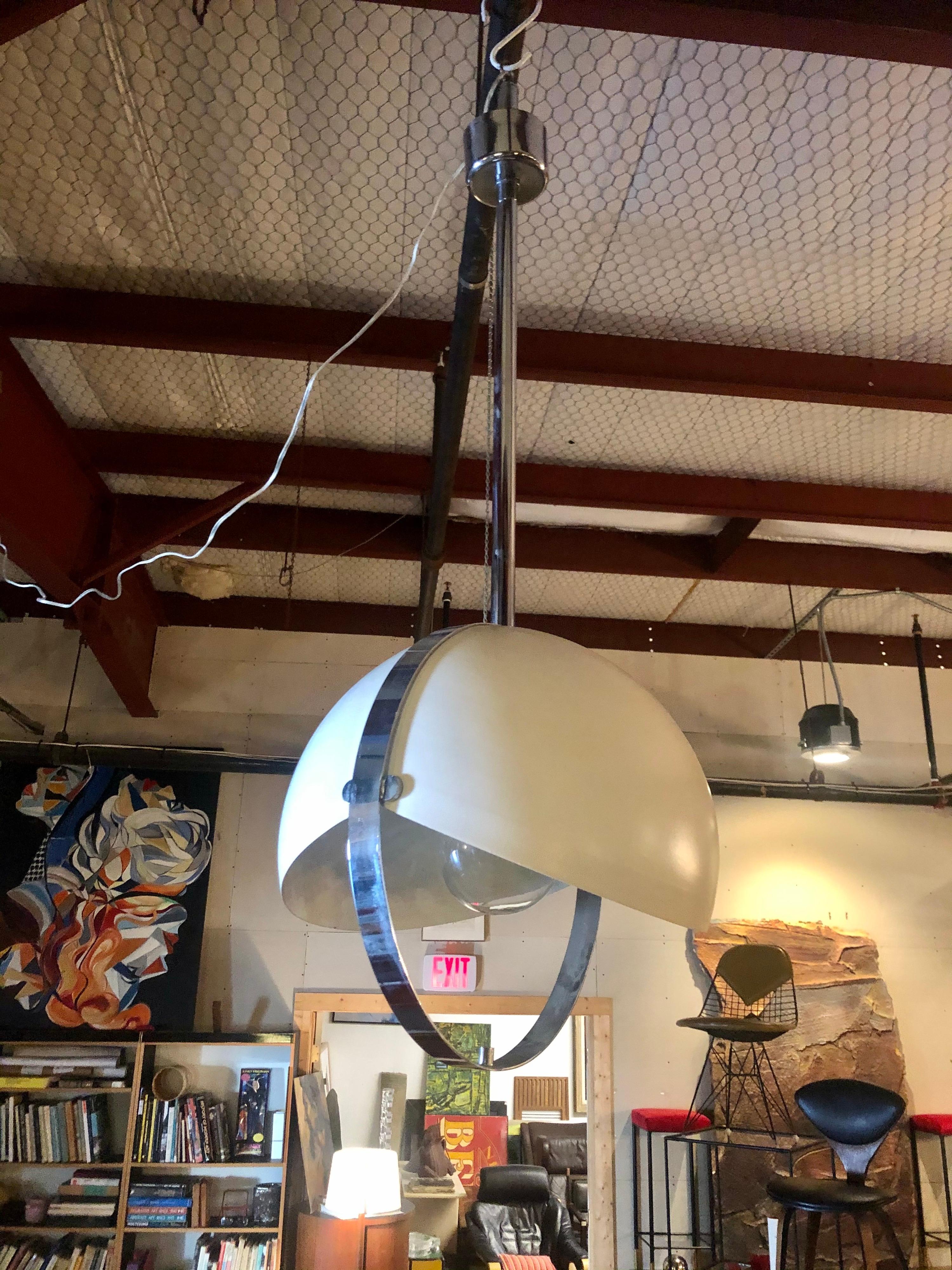 20th Century Vintage 1970s Chrome and White Metal Orb Pendant Lamp with Adjustable Shade For Sale