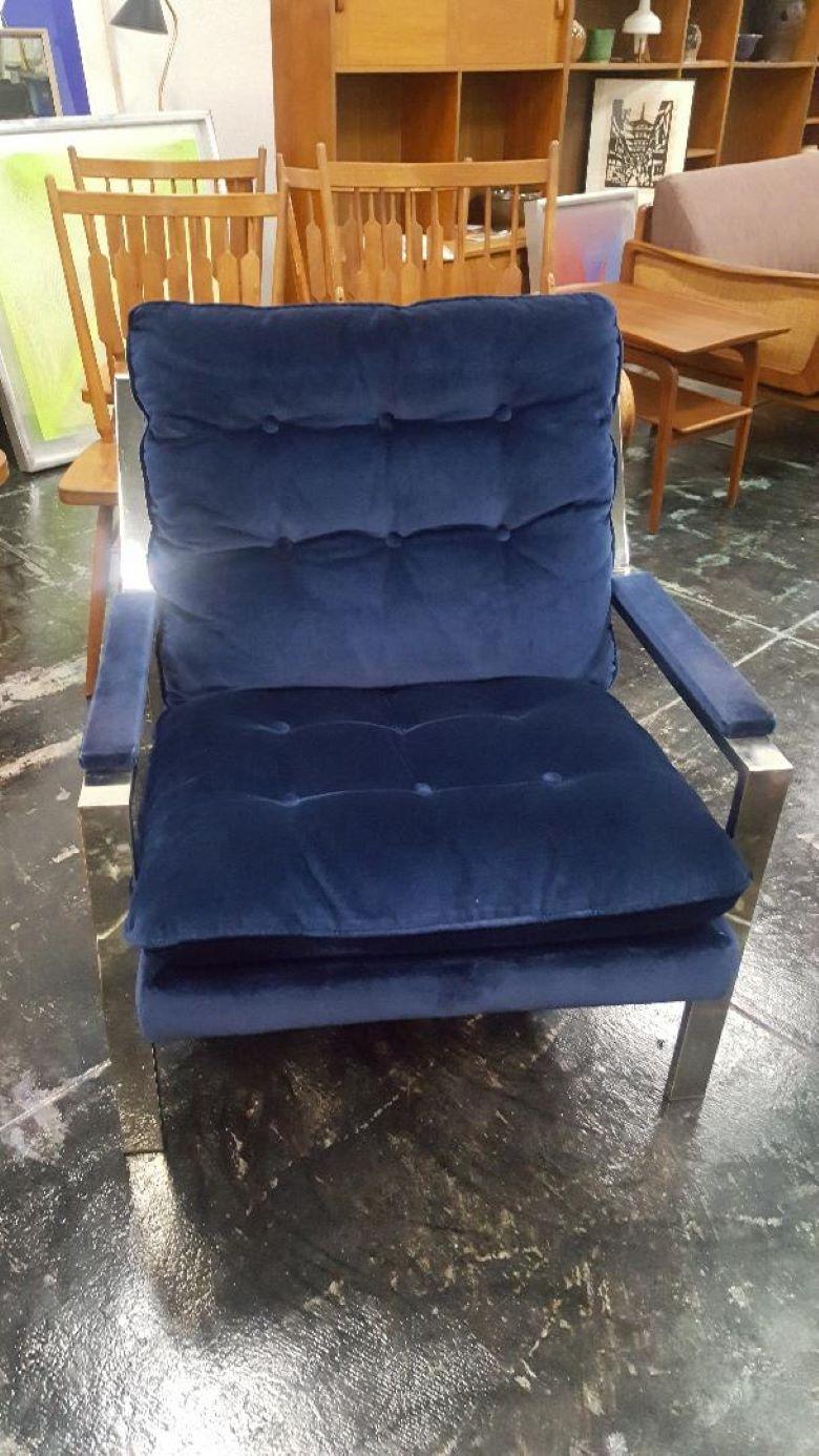 Vintage 1970s Chrome Blue Velvet Lounge Chair Cy Mann Milo Baughman For Sale 3