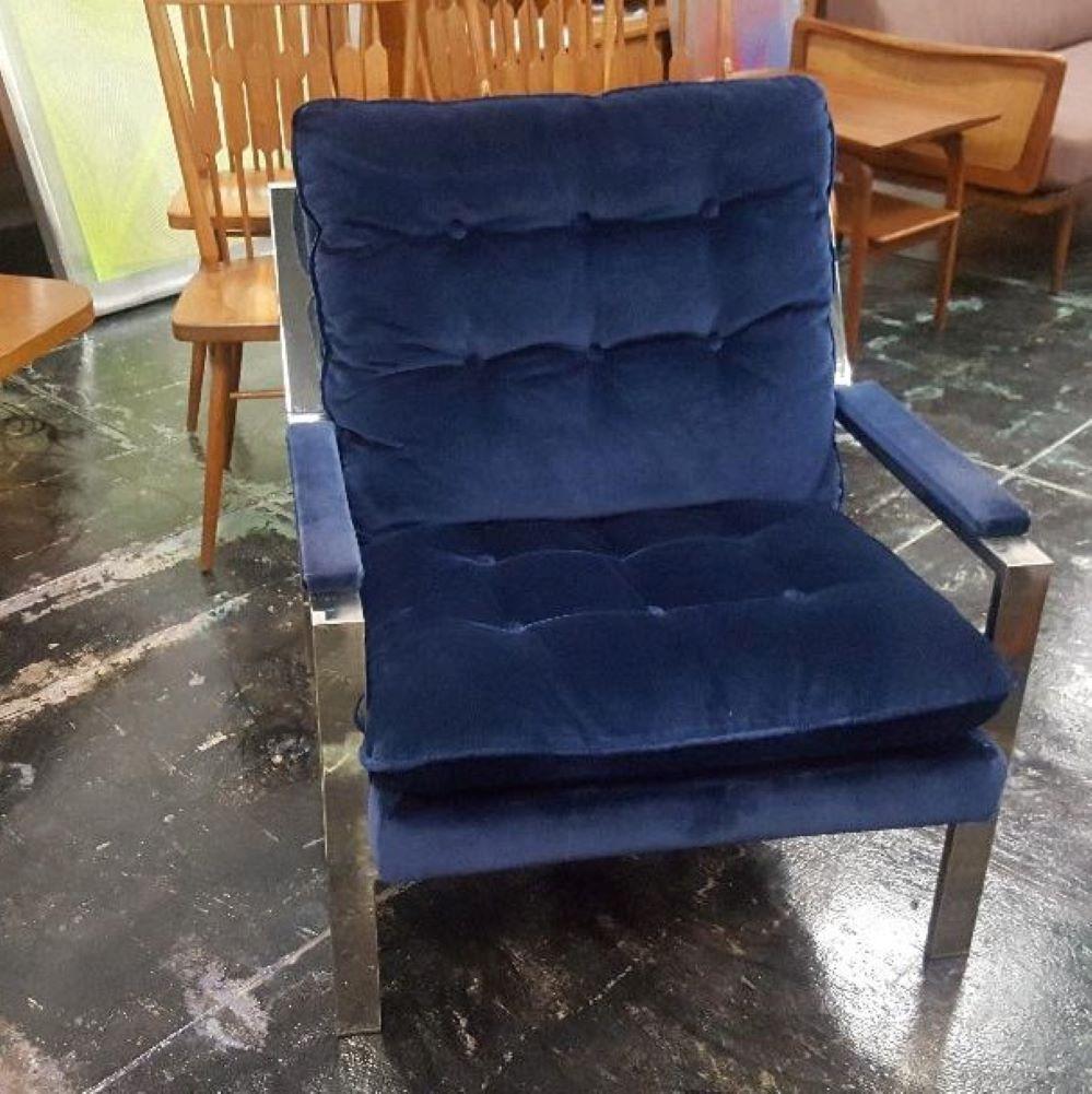 Vintage 1970s Chrome Blue Velvet Lounge Chair Cy Mann Milo Baughman For Sale 4
