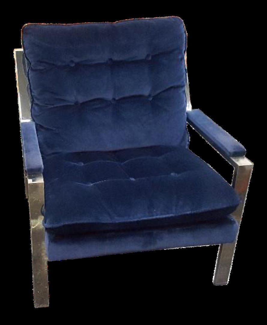 Vintage 1970s Chrome Cy Mann Milo Baughman Design Style Lounge Chair With Blue Velvet Upholstery.

This Is A Beautiful Sleek Mid Century Chrome Lounge Chair.

Beautiful Modern Squared Chrome Frame With Original Blue Velvet Tufted