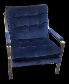 Vintage 1970s Chrome Blue Velvet Lounge Chair Cy Mann Milo Baughman