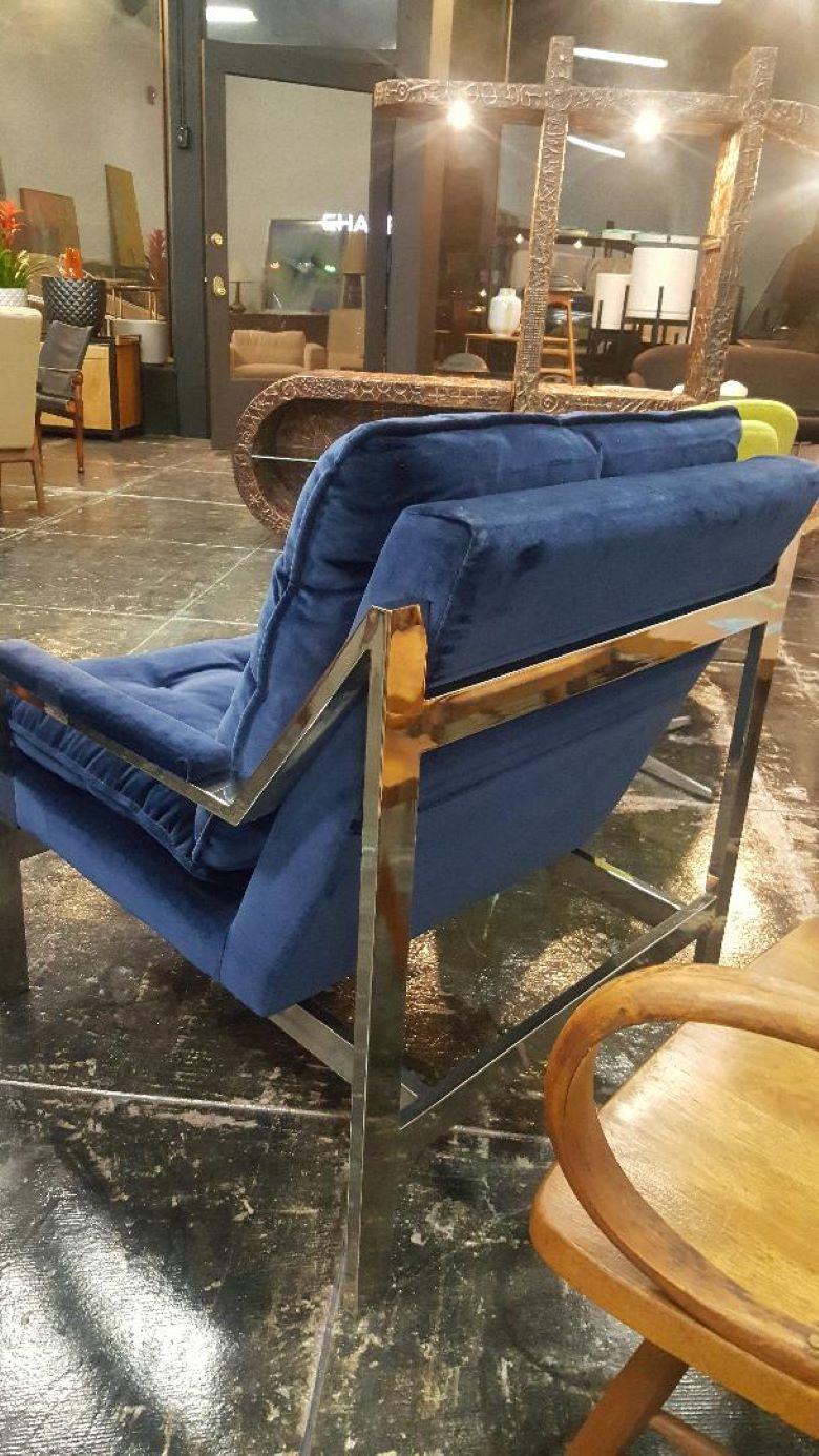 Vintage 1970s Chrome Blue Velvet Lounge Chair Cy Mann Milo Baughman In Good Condition For Sale In Monrovia, CA