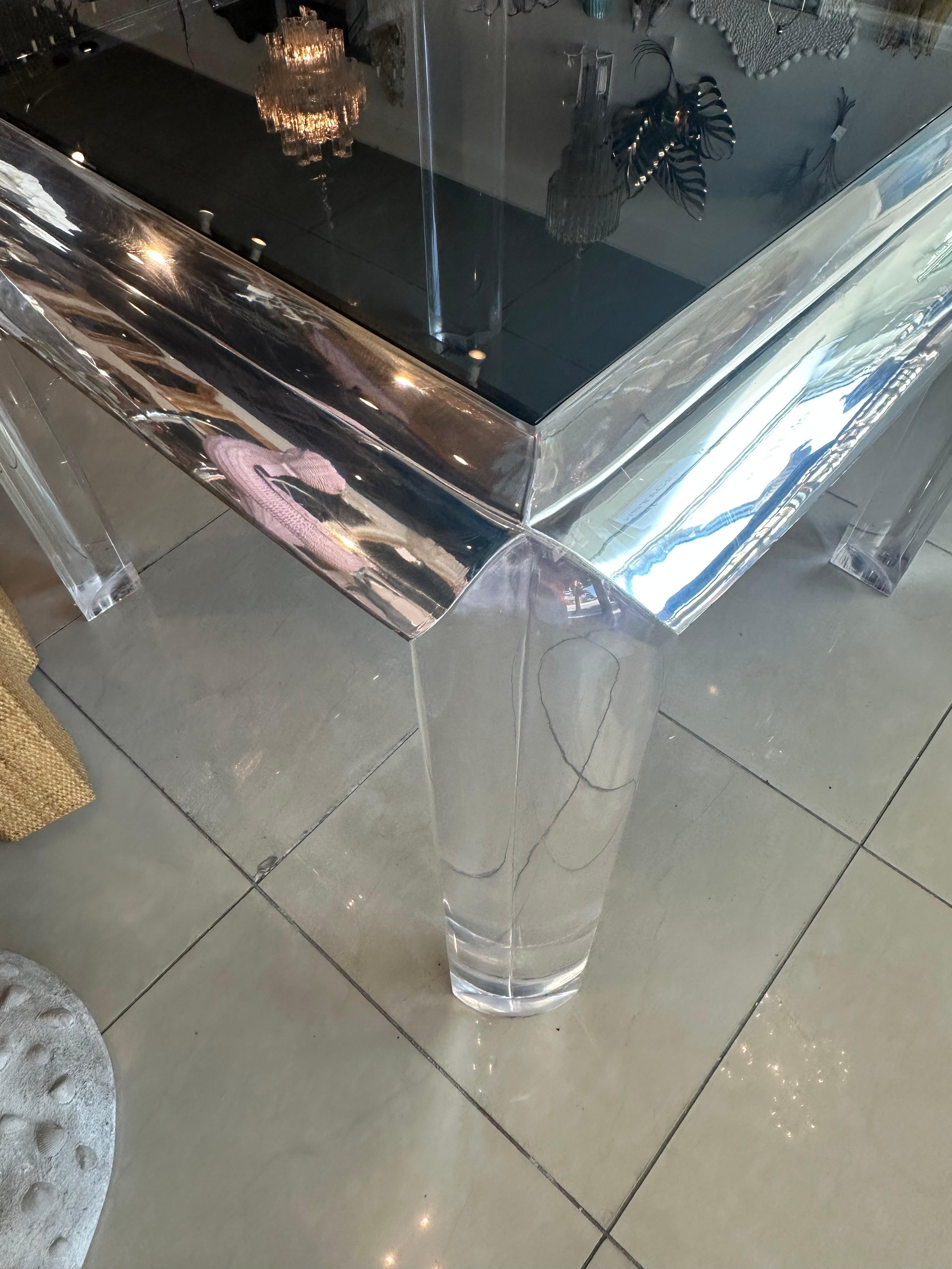 Vintage Karl Springer Style 1970s Waterfall Edge Lucite Game Dining Table Glass In Good Condition In West Palm Beach, FL