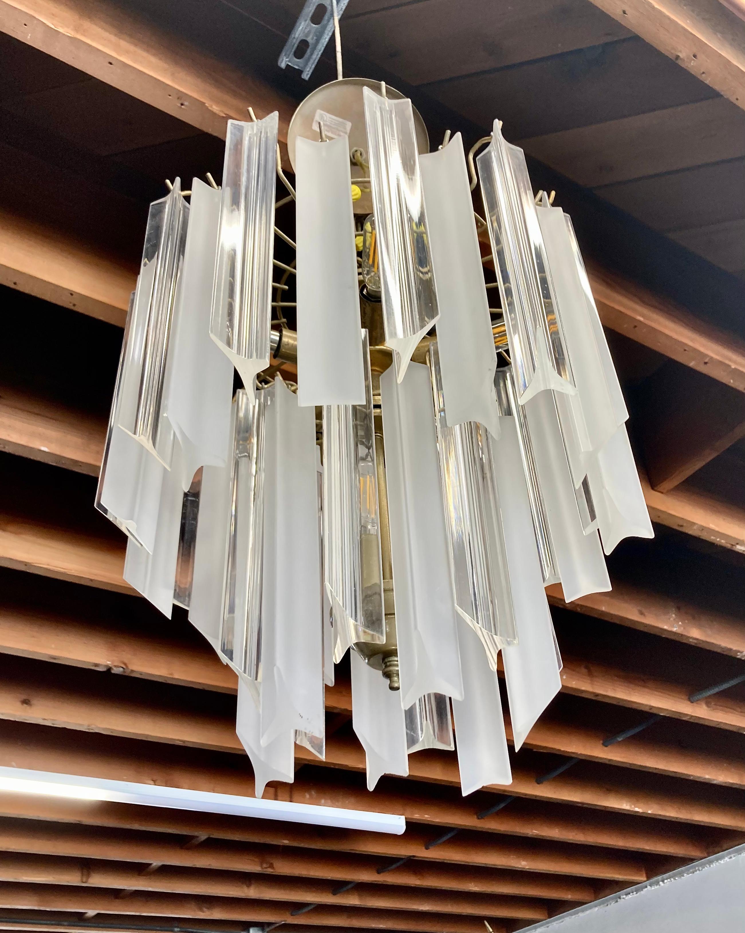 Brass Vintage 1970's Clear and Frosted Lucite Chandelier For Sale