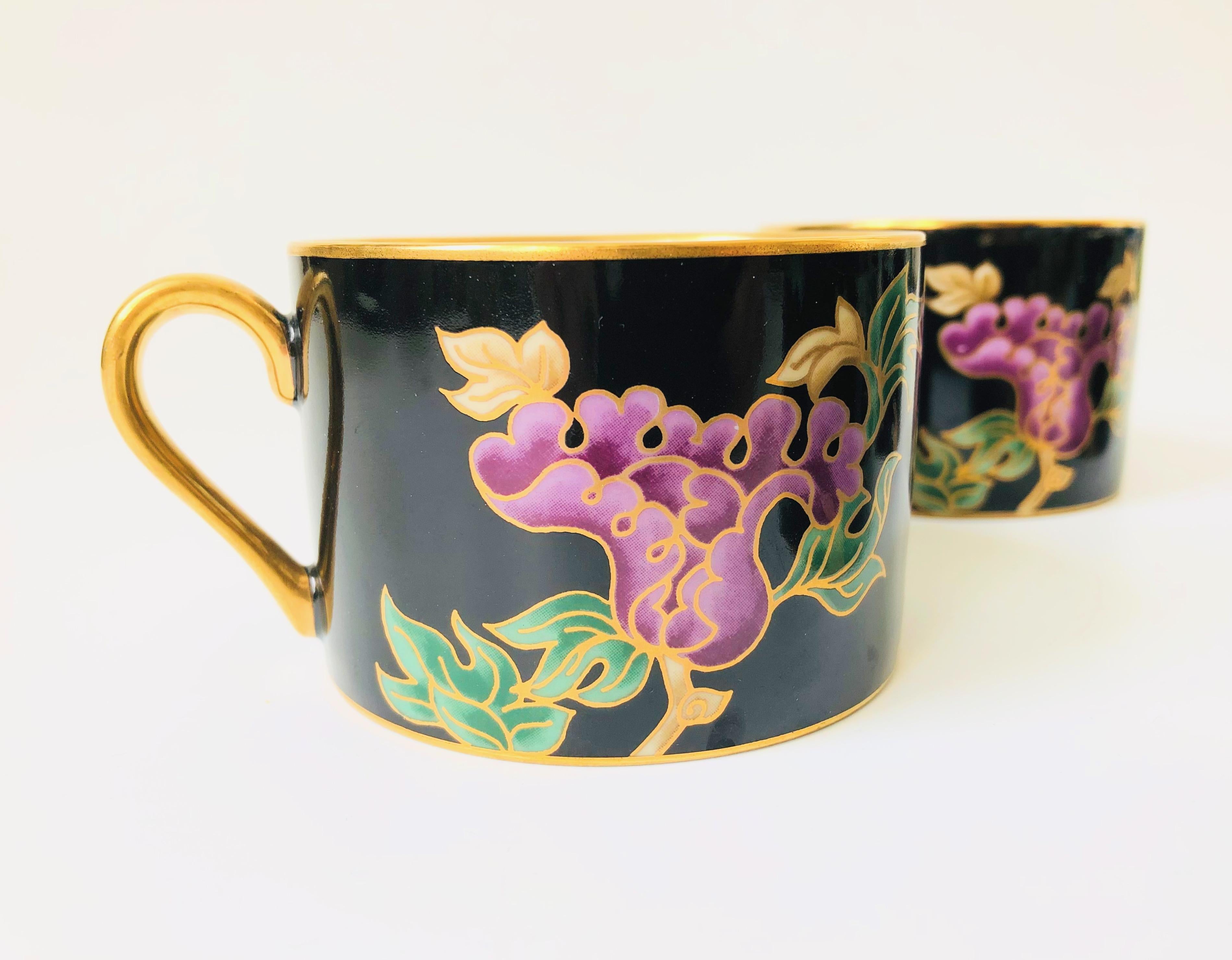 Art Nouveau Vintage 1970s Cloisonne Peony Mugs by Fitz and Floyd, Set of 4
