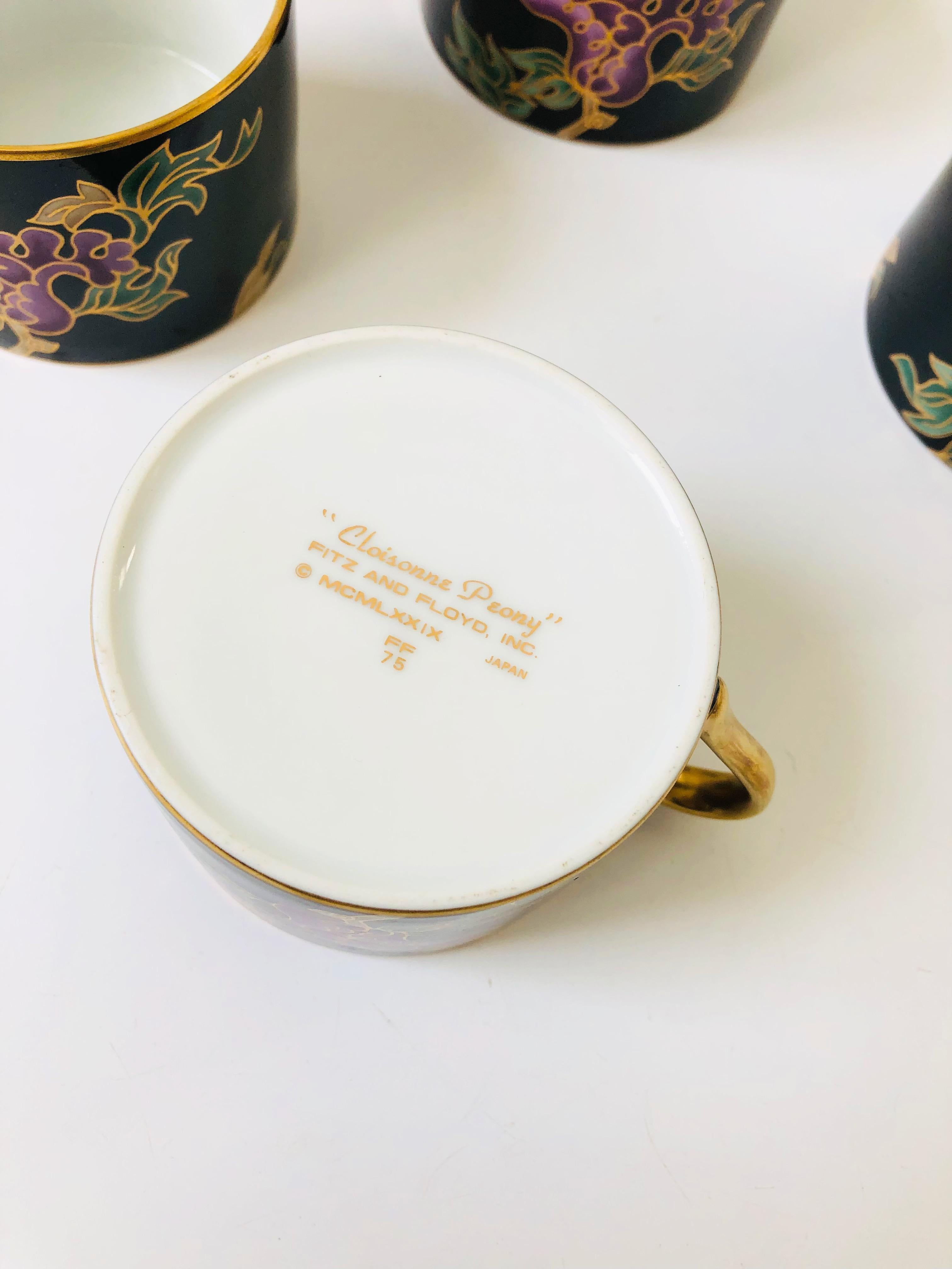 Vintage 1970s Cloisonne Peony Mugs by Fitz and Floyd, Set of 4 In Good Condition In Fairfield, CA