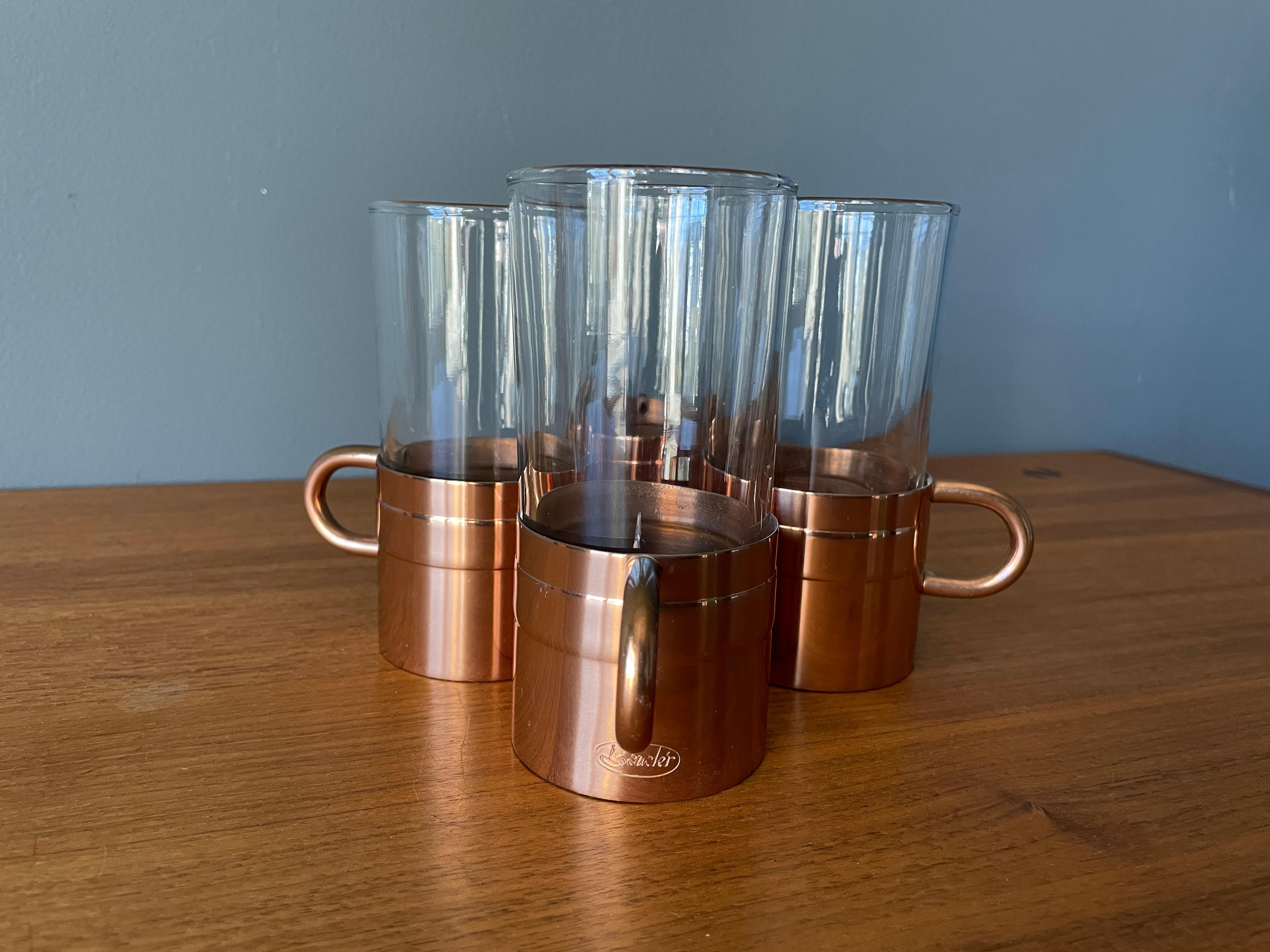 Vintage 1970s cobras by Beucler glass and copper brass mug cups. Sleek and simple design. Glass insert is removable from copper outer handle.