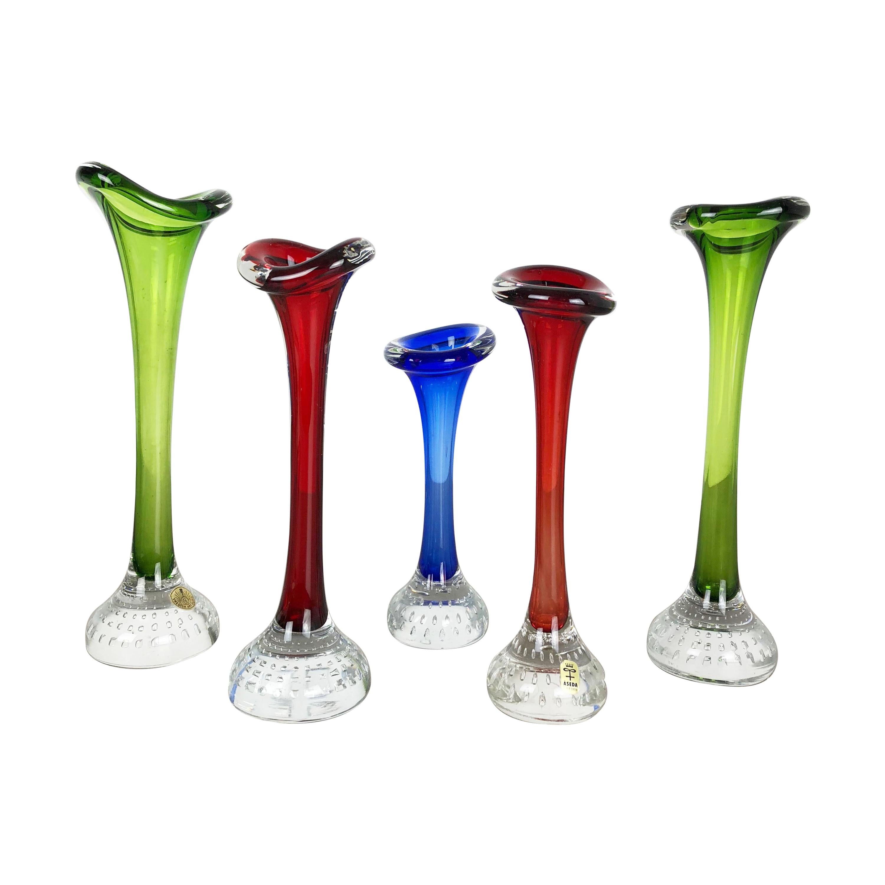 Vintage 1970s Colorful Set of Five Glass Vases by Bo Borgstrom for ASEDA, Sweden For Sale