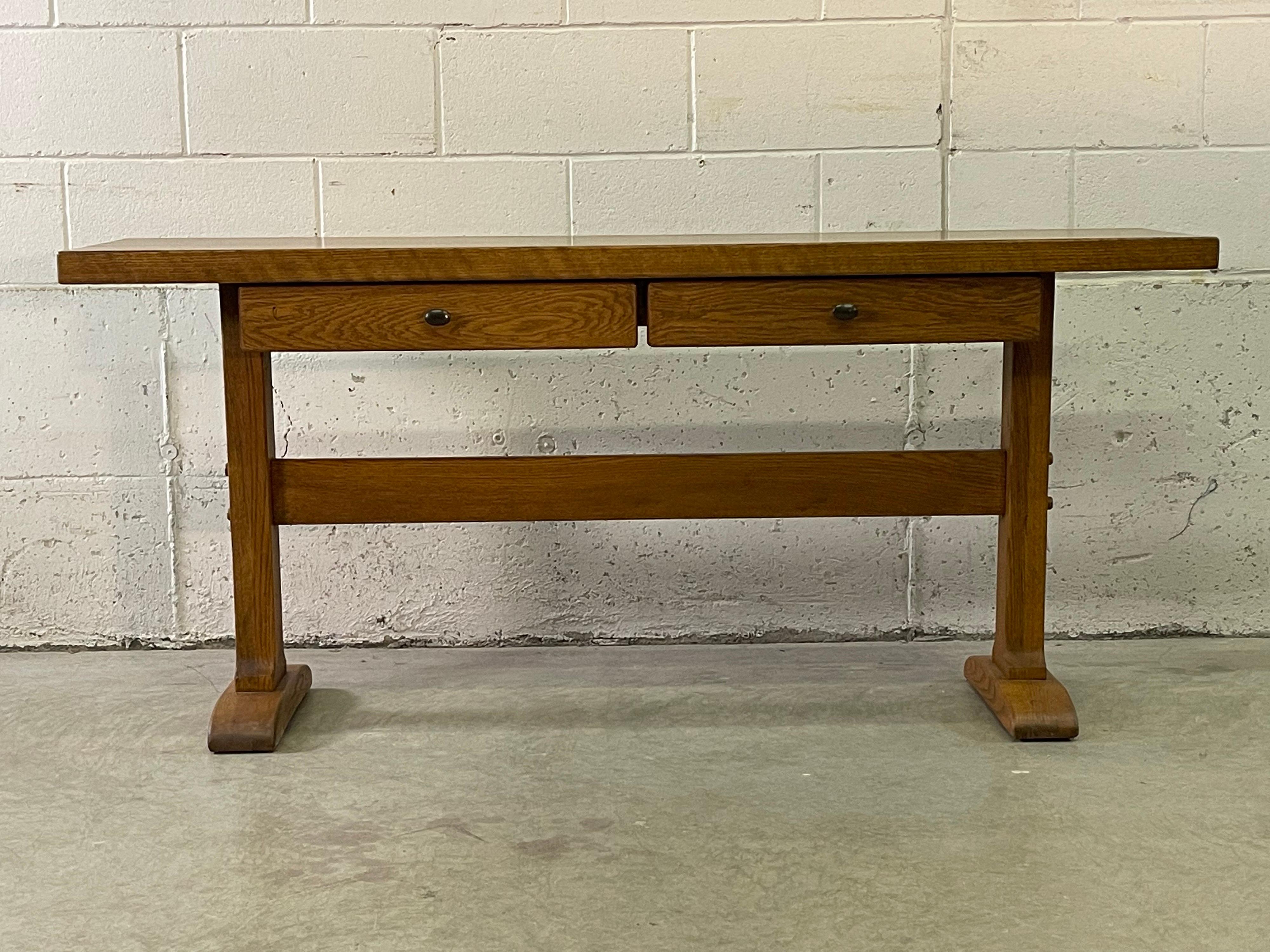 Vintage 1980s Conant Ball console table with two drawers for storage. The table is a mix of oak and pine wood. Marked.