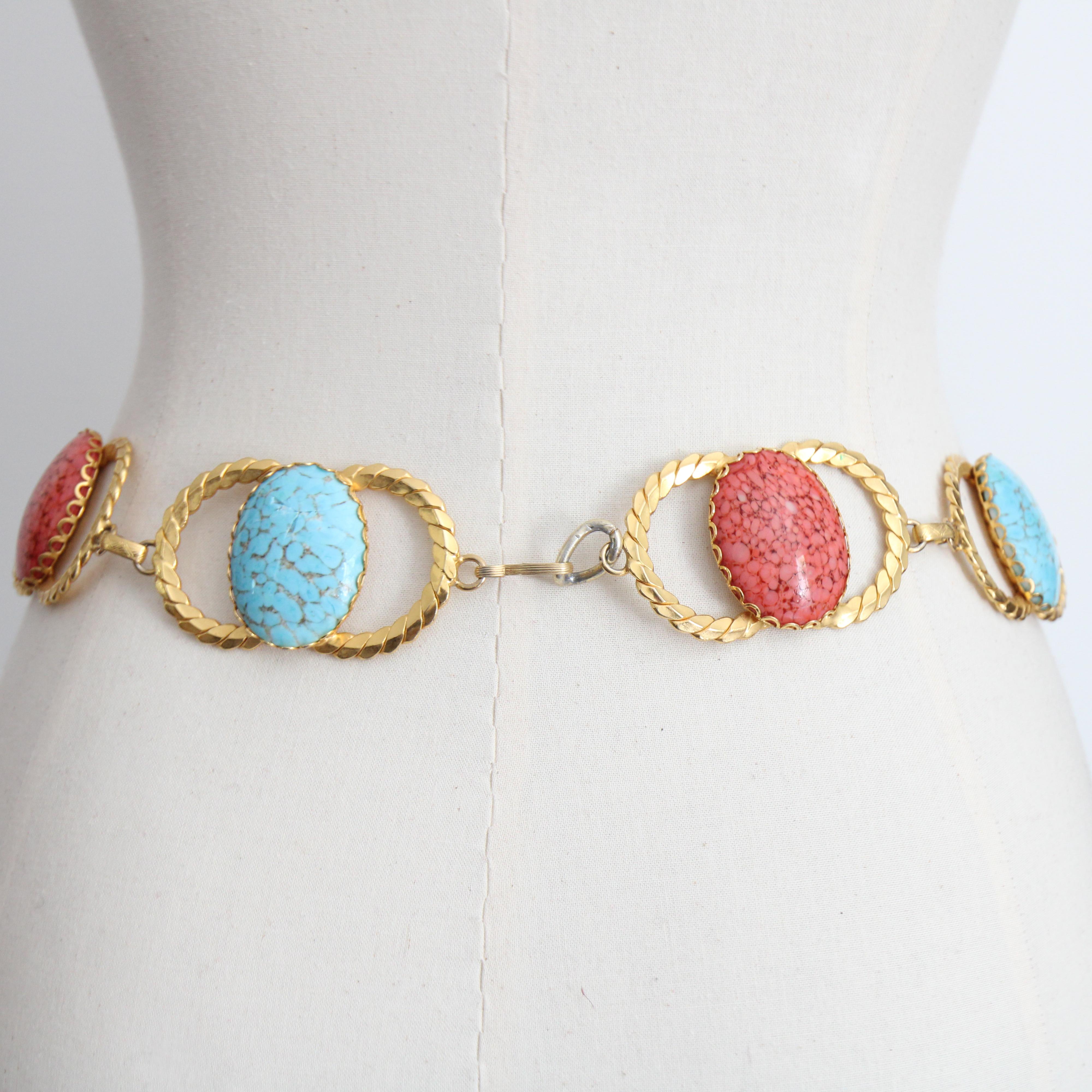 Vintage 1970's coral and turquoise glass cabochons waist chain belt UK 8 US 4 For Sale 6