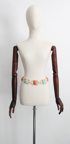 Vintage 1970's coral and turquoise glass cabochons waist chain belt UK 8 US 4