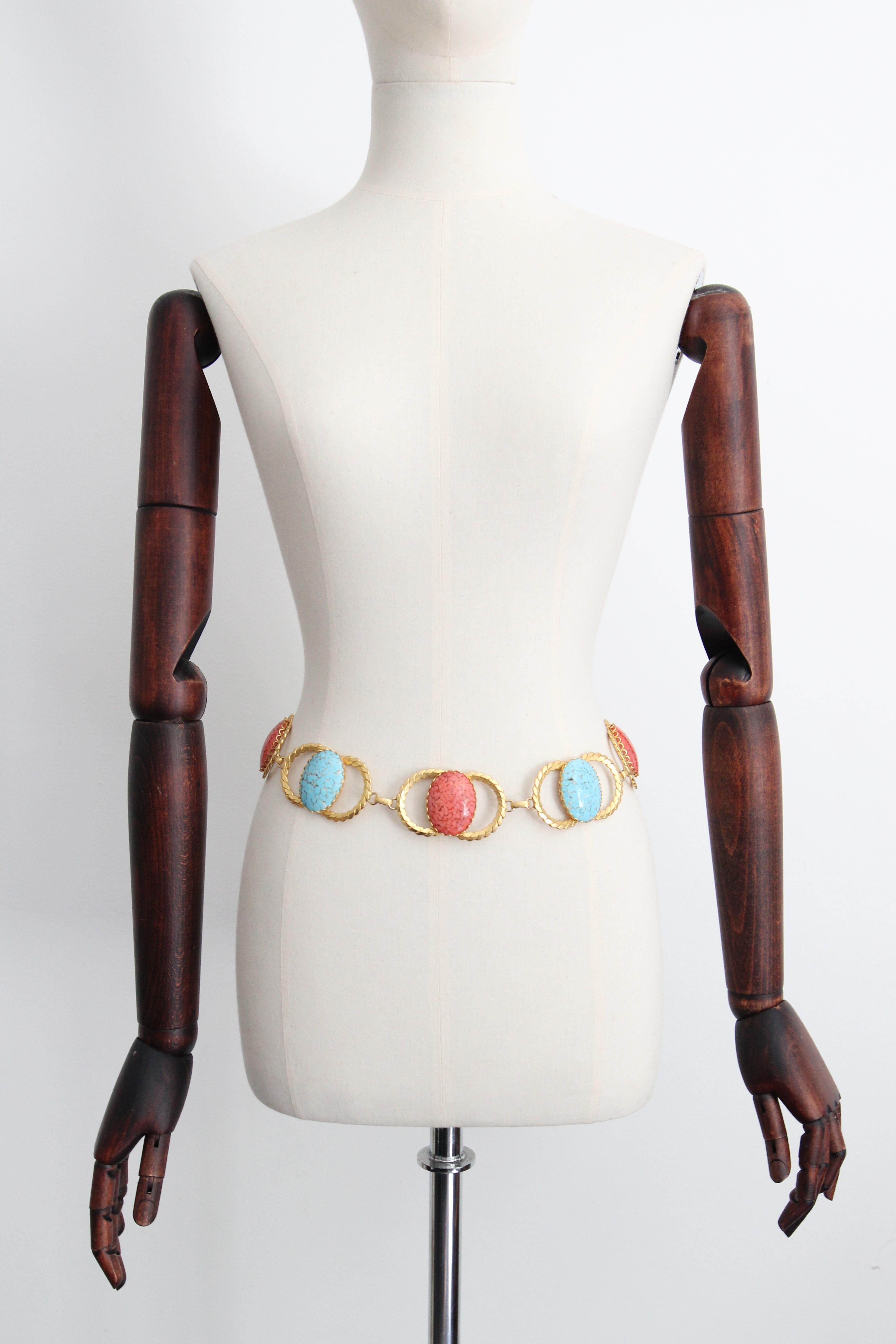 Vintage 1970's coral and turquoise glass cabochons waist chain belt UK 8 US 4 In Good Condition For Sale In Cheltenham, GB