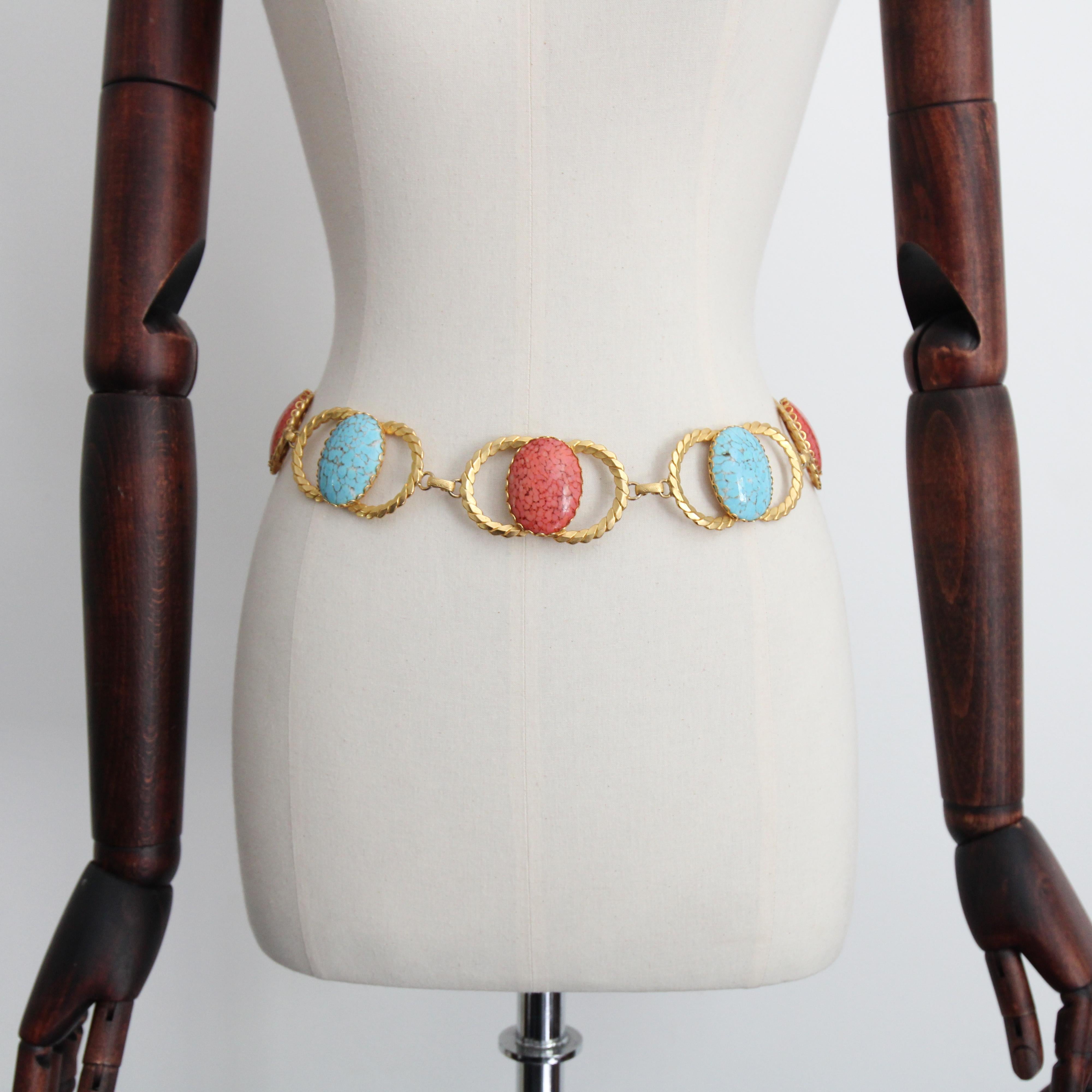 Women's or Men's Vintage 1970's coral and turquoise glass cabochons waist chain belt UK 8 US 4 For Sale