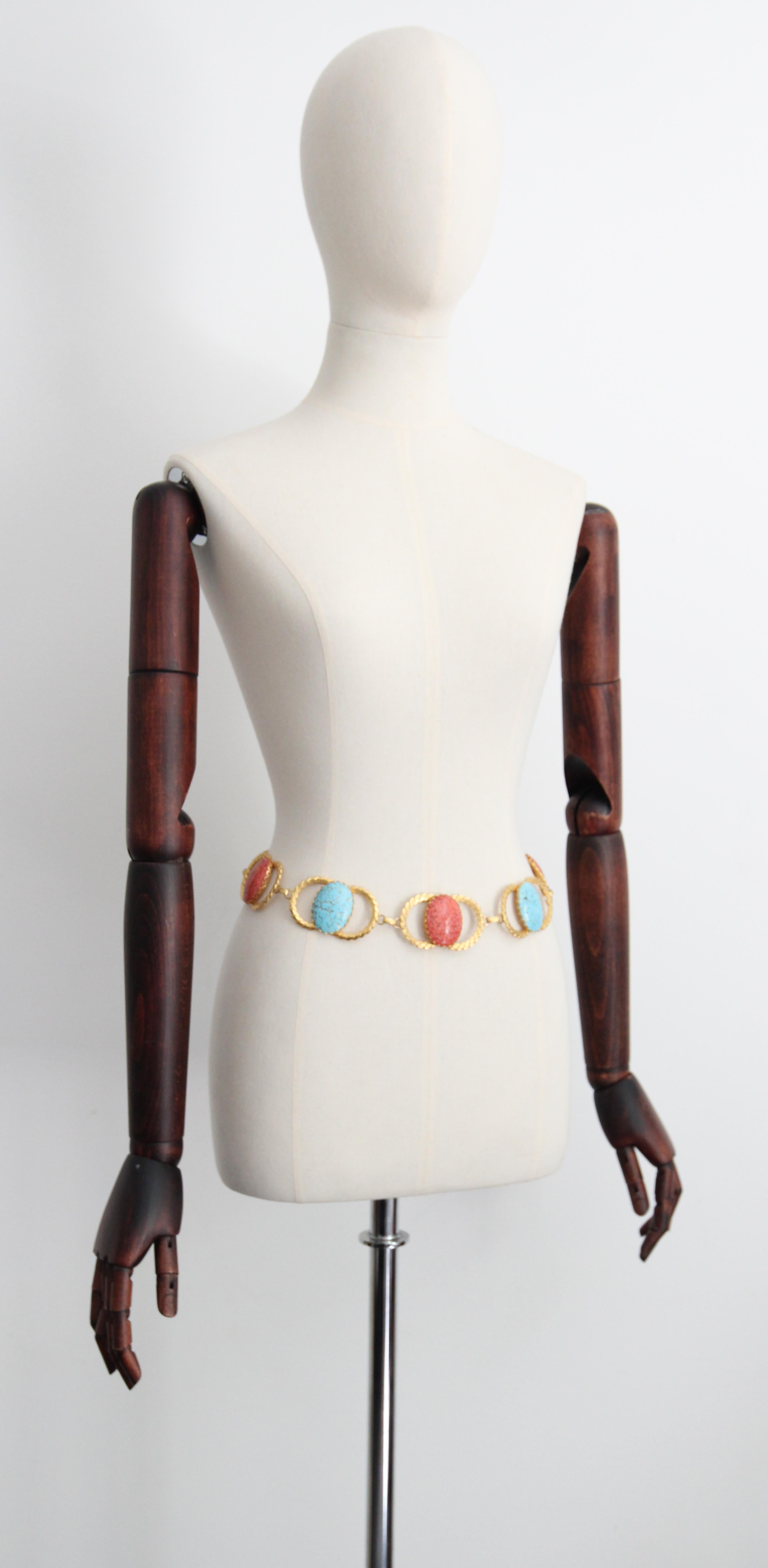 Vintage 1970's coral and turquoise glass cabochons waist chain belt UK 8 US 4 For Sale 1