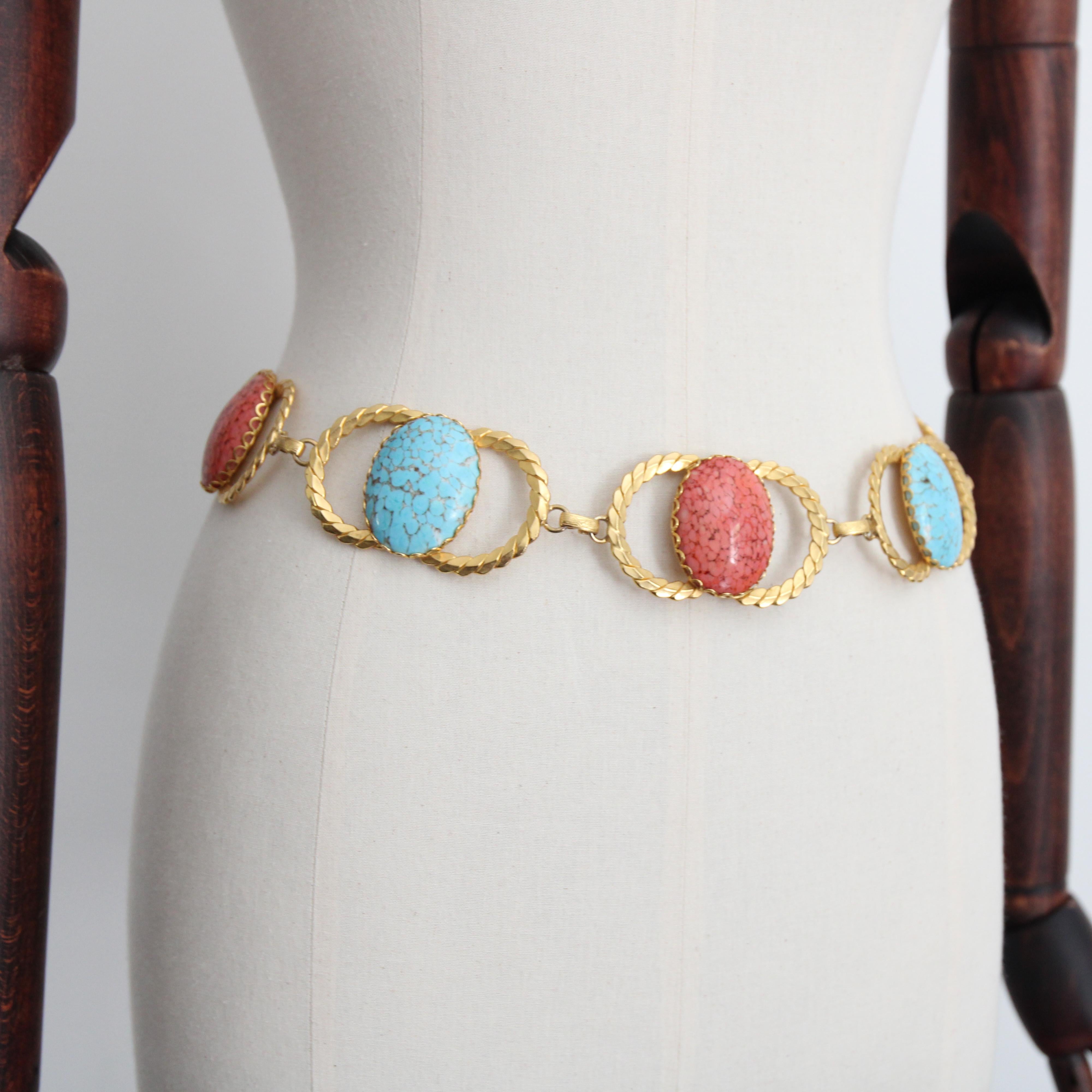 Vintage 1970's coral and turquoise glass cabochons waist chain belt UK 8 US 4 For Sale 2