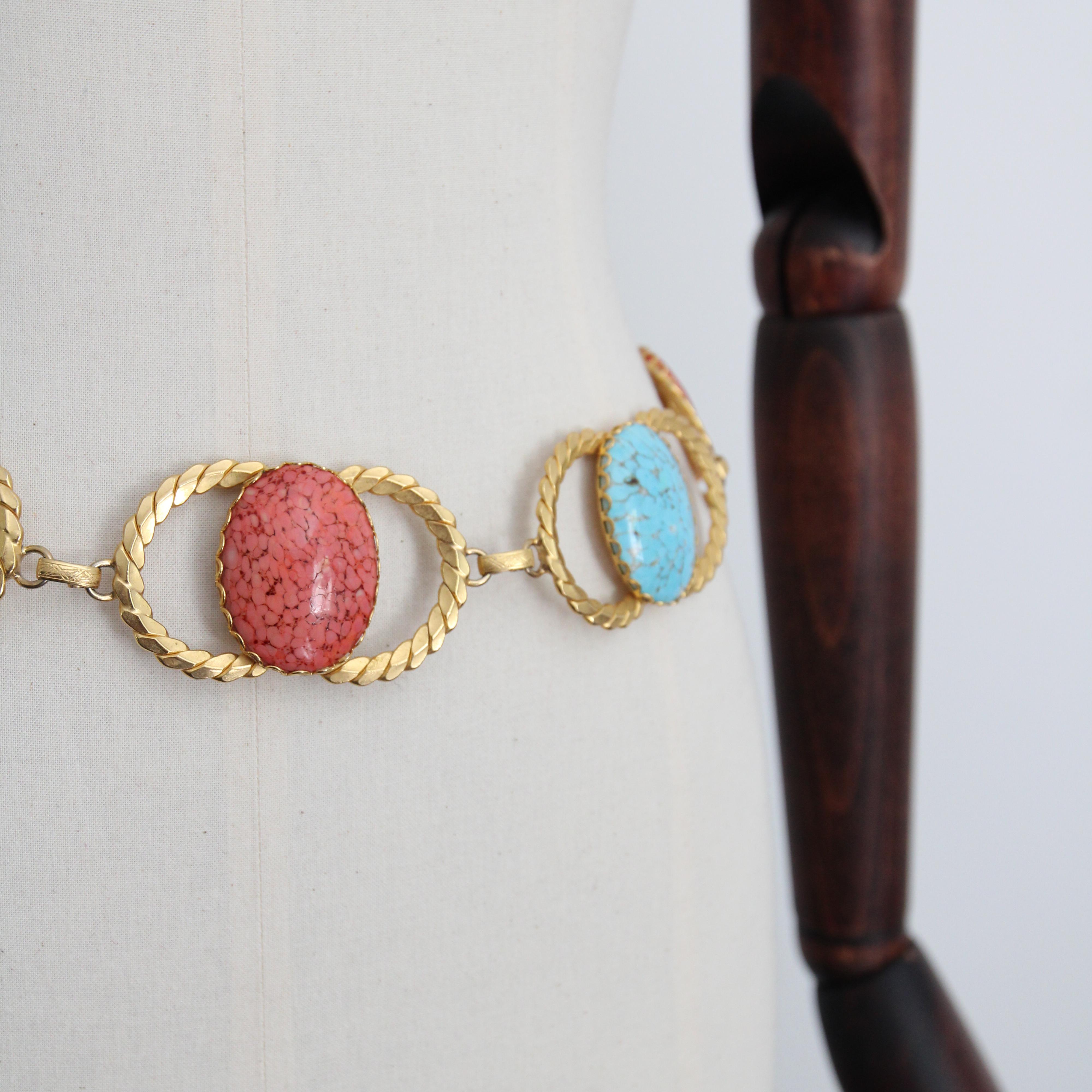 Vintage 1970's coral and turquoise glass cabochons waist chain belt UK 8 US 4 For Sale 3