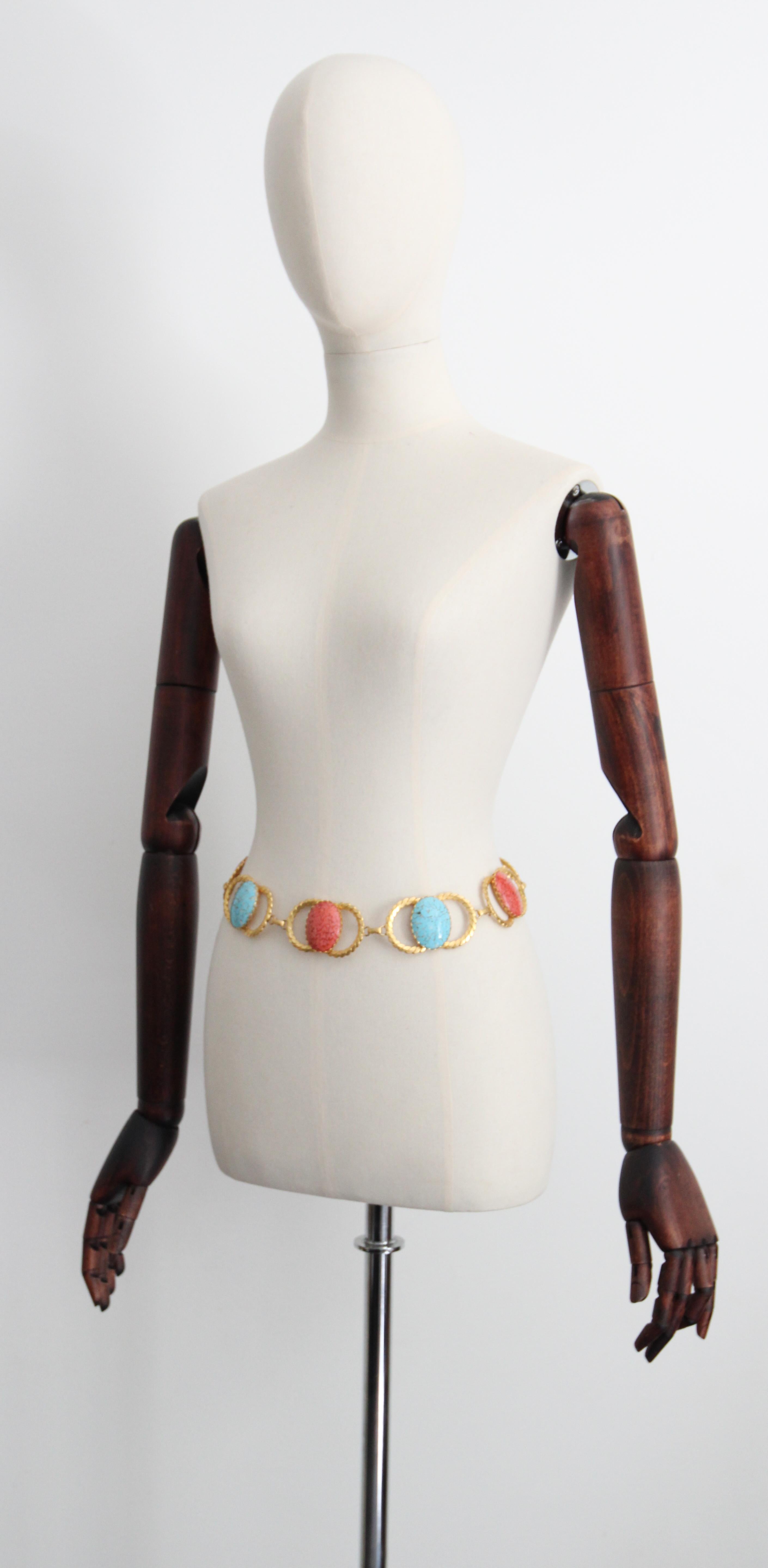 Vintage 1970's coral and turquoise glass cabochons waist chain belt UK 8 US 4 For Sale 4