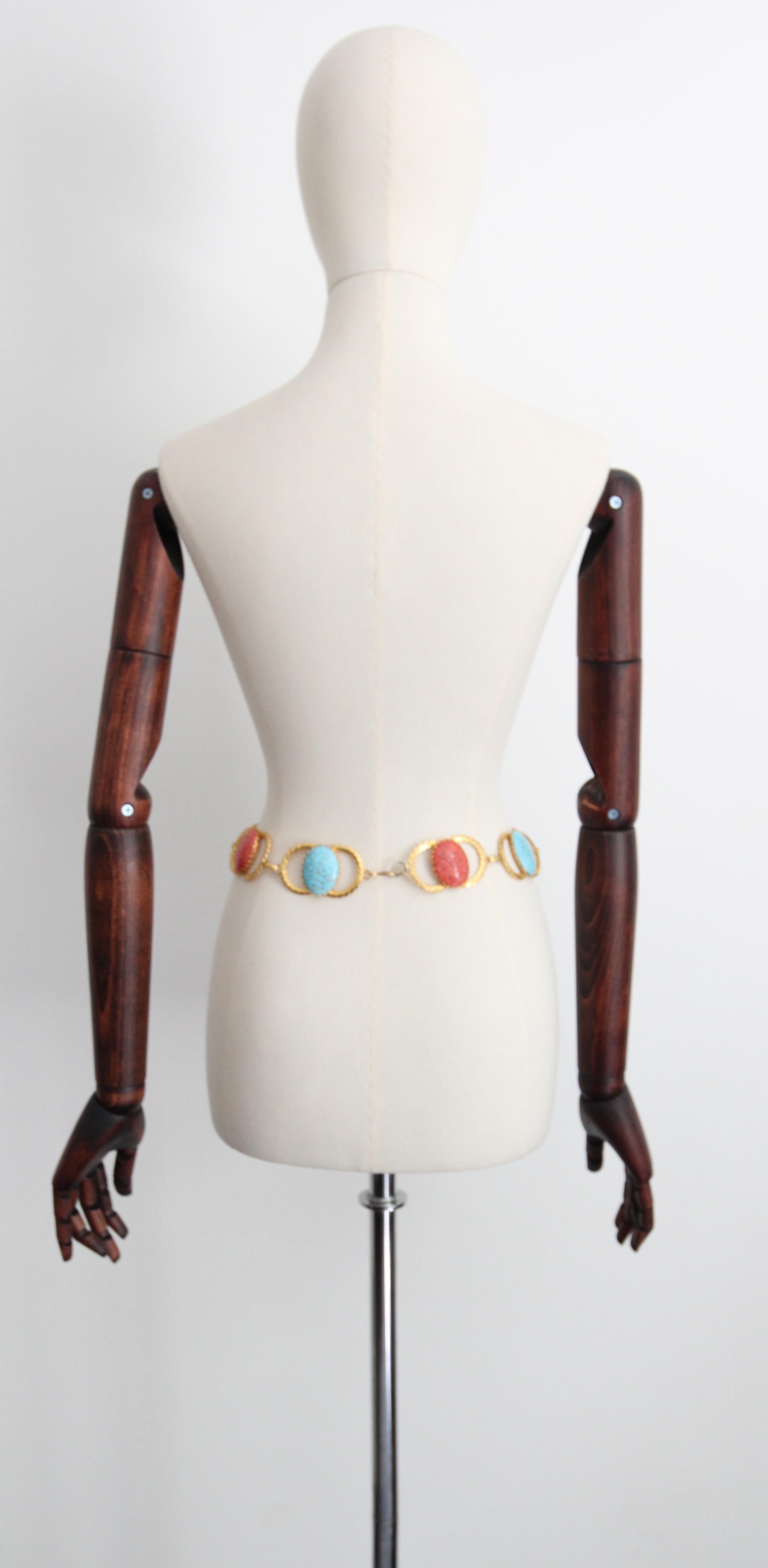 Vintage 1970's coral and turquoise glass cabochons waist chain belt UK 8 US 4 For Sale 5