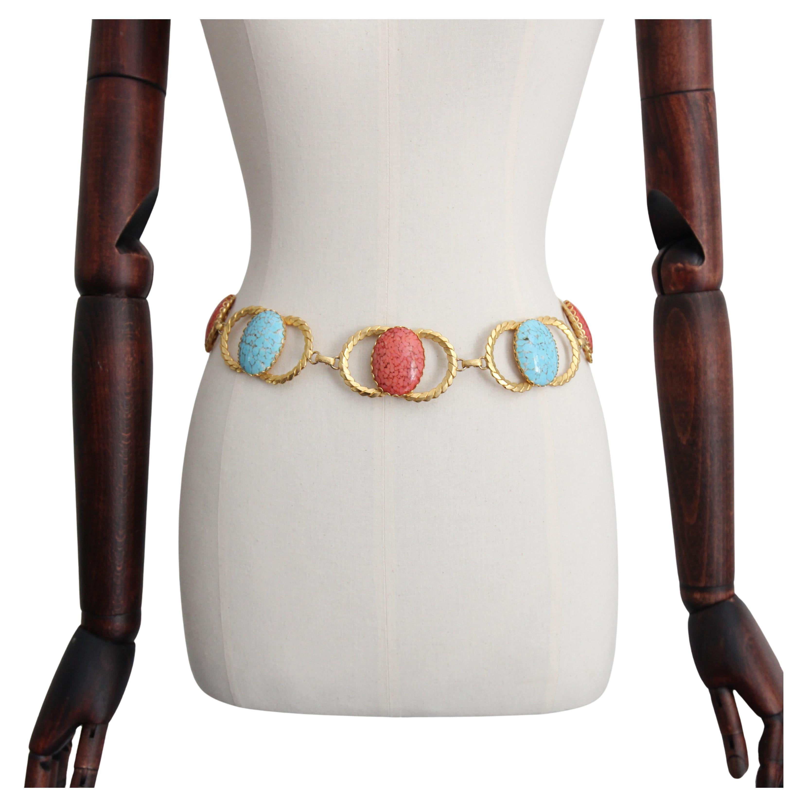 Vintage 1970's coral and turquoise glass cabochons waist chain belt UK 8 US 4 For Sale