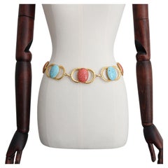 Cinturón de cadena de cintura vintage años 70 con cabujones de cristal de coral y turquesa UK 8 US 4