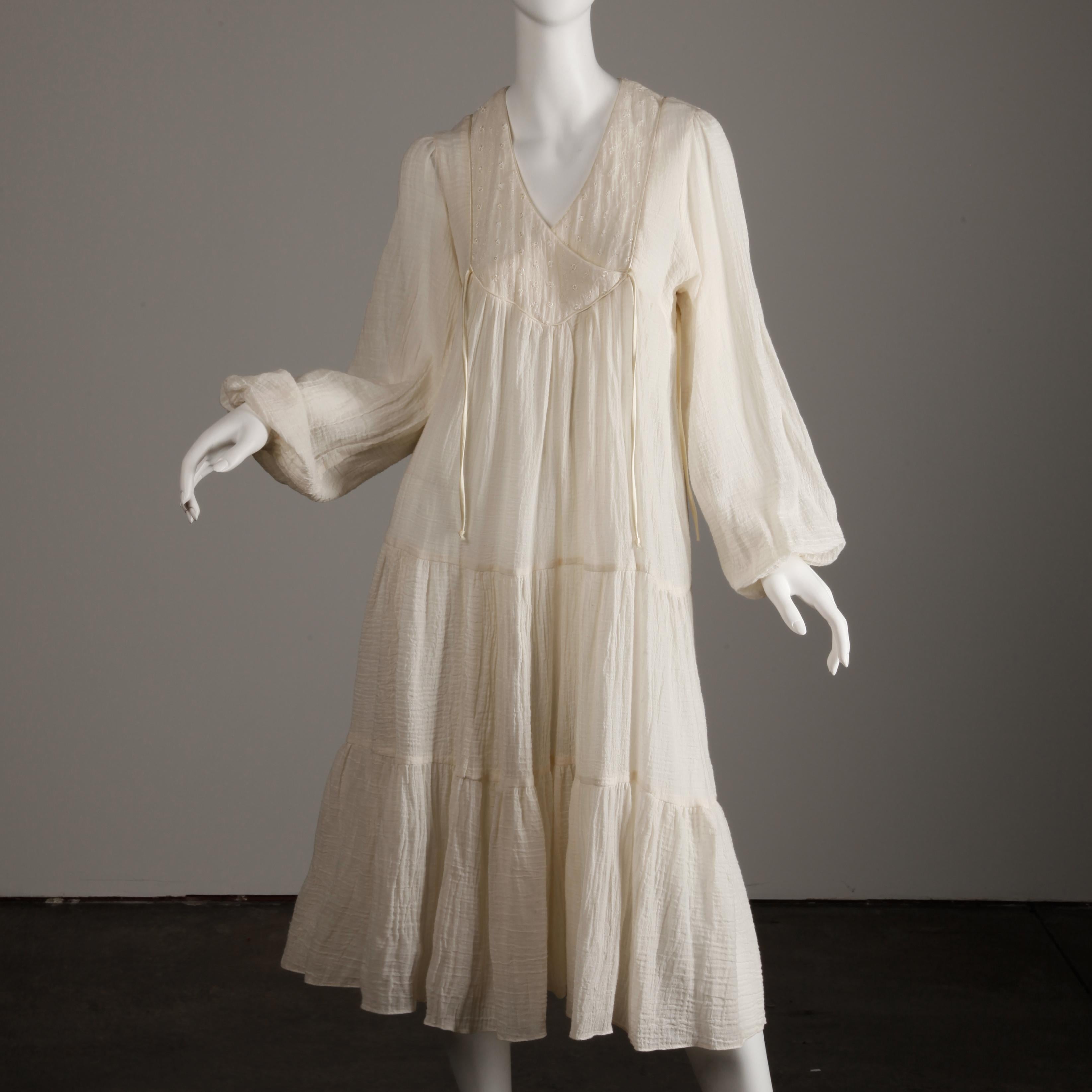 Women's Vintage 1970s Cotton Gauze Dress in Off White